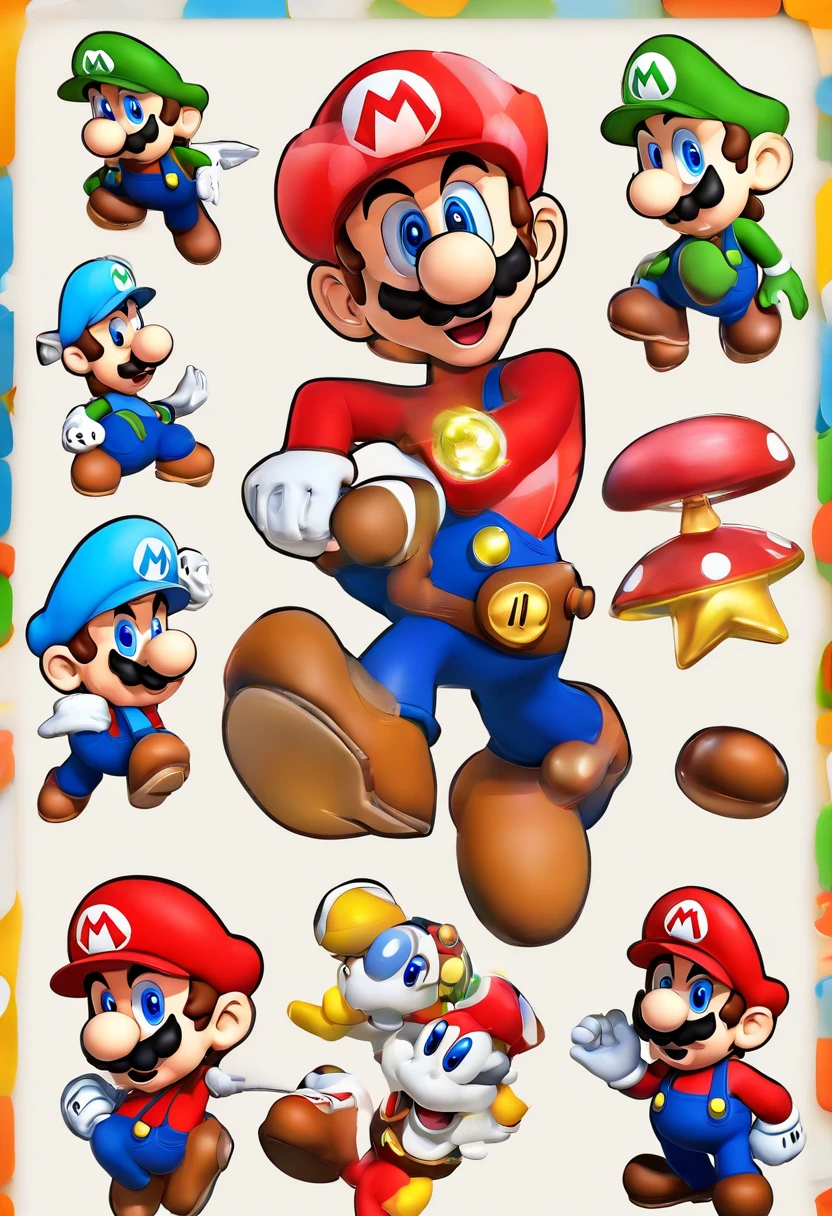 (Mario), design de personagens, Nintendo Super Mario, (olhos azuis, red hat, terno vermelho, blue suspenders, luvas brancas, )super bonito estilo caixa cega, Chibi, corpo inteiro, exaggerated expressions and actions, fundo limpo, Destaques iridescentes brilhantes, studio lighting, Atmospheric Illumination, com textura requintada, High detail, high resolution, c4d, ..3d, Liquidificador, 8k, best quality, Ultra High Definition