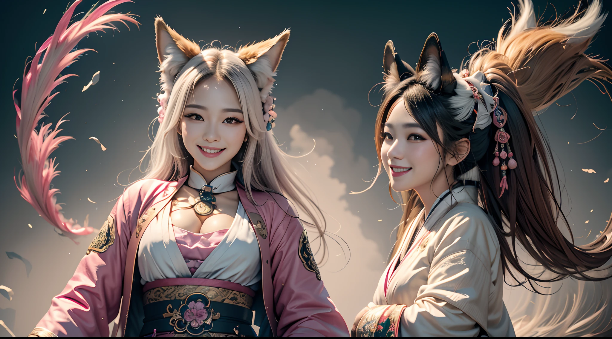 1girll,Solo, Happy smiling official art, Smile，Unity 8k wallpaper, Ultra detailed, Beautiful and aesthetic, Beautiful, Masterpiece, Best quality, Kitsune witch, kitsune mask, Pink and white haori jacket, Foxfire spell, The fox is familiar, Transformation,Depth of field