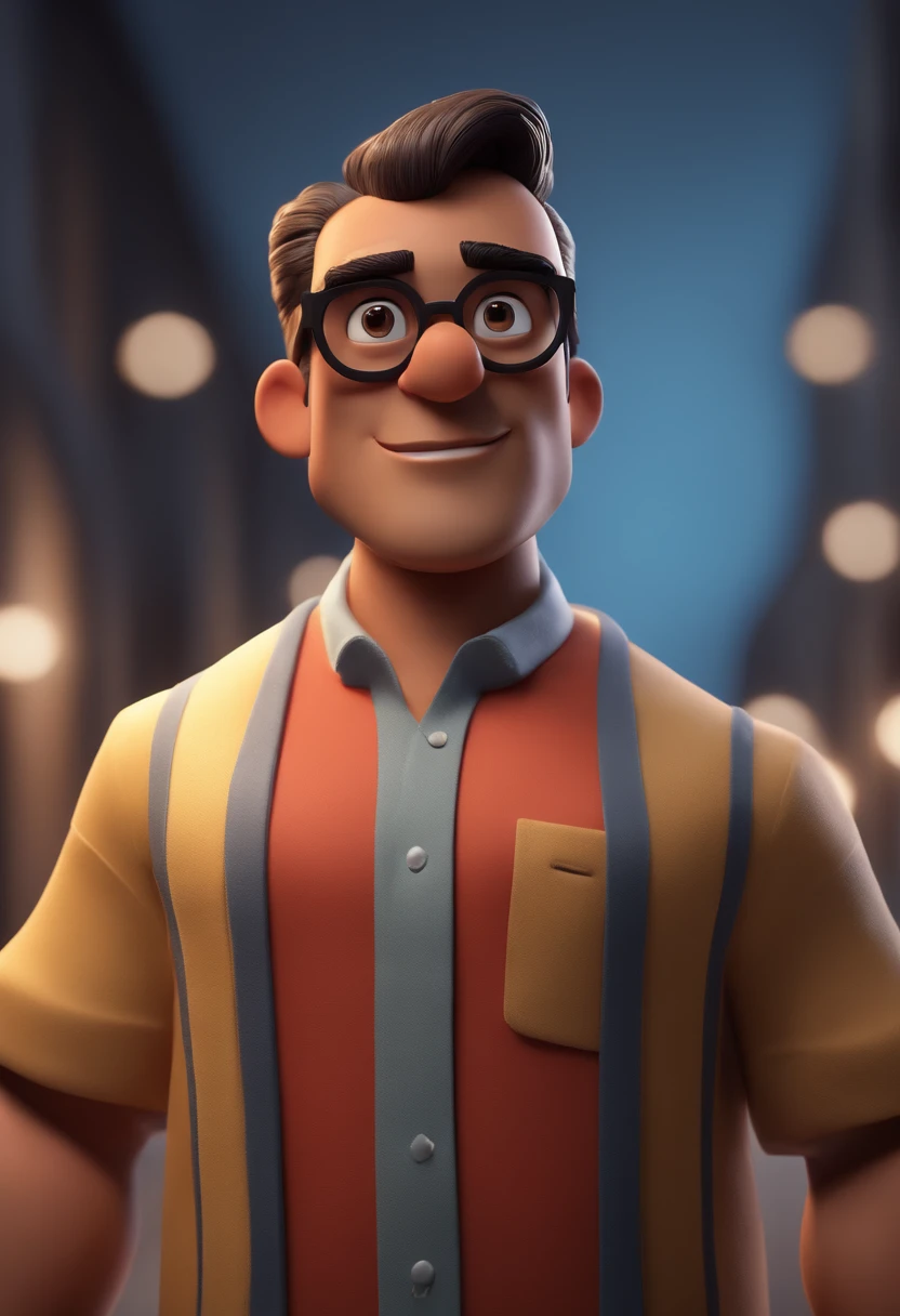 cartoon character of a man with black glasses and a blue shirt, animation character, stylized character, animation style render, stylized 3 d, arnold maya render, 3 d render stylized, toon render keyshot, 3d character, 3 d character, stylized 3d render, 3 d character render, cartoon character, close up character, character posing,  (Pixar style) (Masterpiece:1.2) (Bokeh) (Best quality) (Detailed skin) (Detailed texture) (8K) (clay) (Cinematic lighting) (Sharp focus