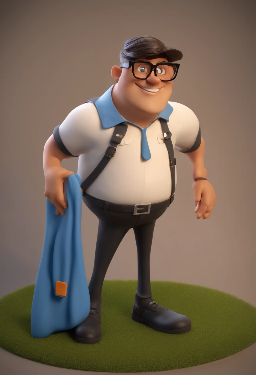 Cartoon character of a man with black glasses, barba preta, um pouco gordinho e uma camisa azul, animation character, Caractere estilizado, animation style rendering, 3D estilizado, Arnold Maya render, 3 d render stylized, toon render keyshot, Personagem 3D, Personagem 3D, 3d rendering stylized, 3 d character render, personagem de desenho animado, Personagem de close up, Pose de personagem, (Estilo Pixar) (master part:1.2) (Bokeh) (best quality) (pele detalhada) (textura detalhada) (8k) (argila) (Cinematic lighting) (foco nítido