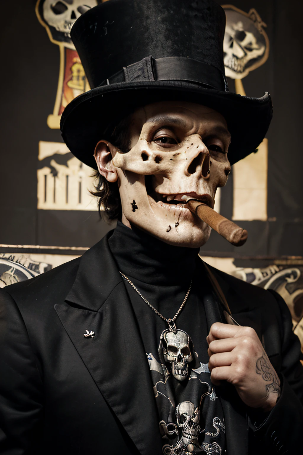 a close up of a skull with a top hat and a cigar, an album cover by Scott M. Fischer, cg society, sots art, skull design for a rock band, society, official artwork, heavy metal tshirt design, black sokkel, mcbess poster, secret society, skeletons smoking cigars, high detailed official artwork, black light velvet poster
