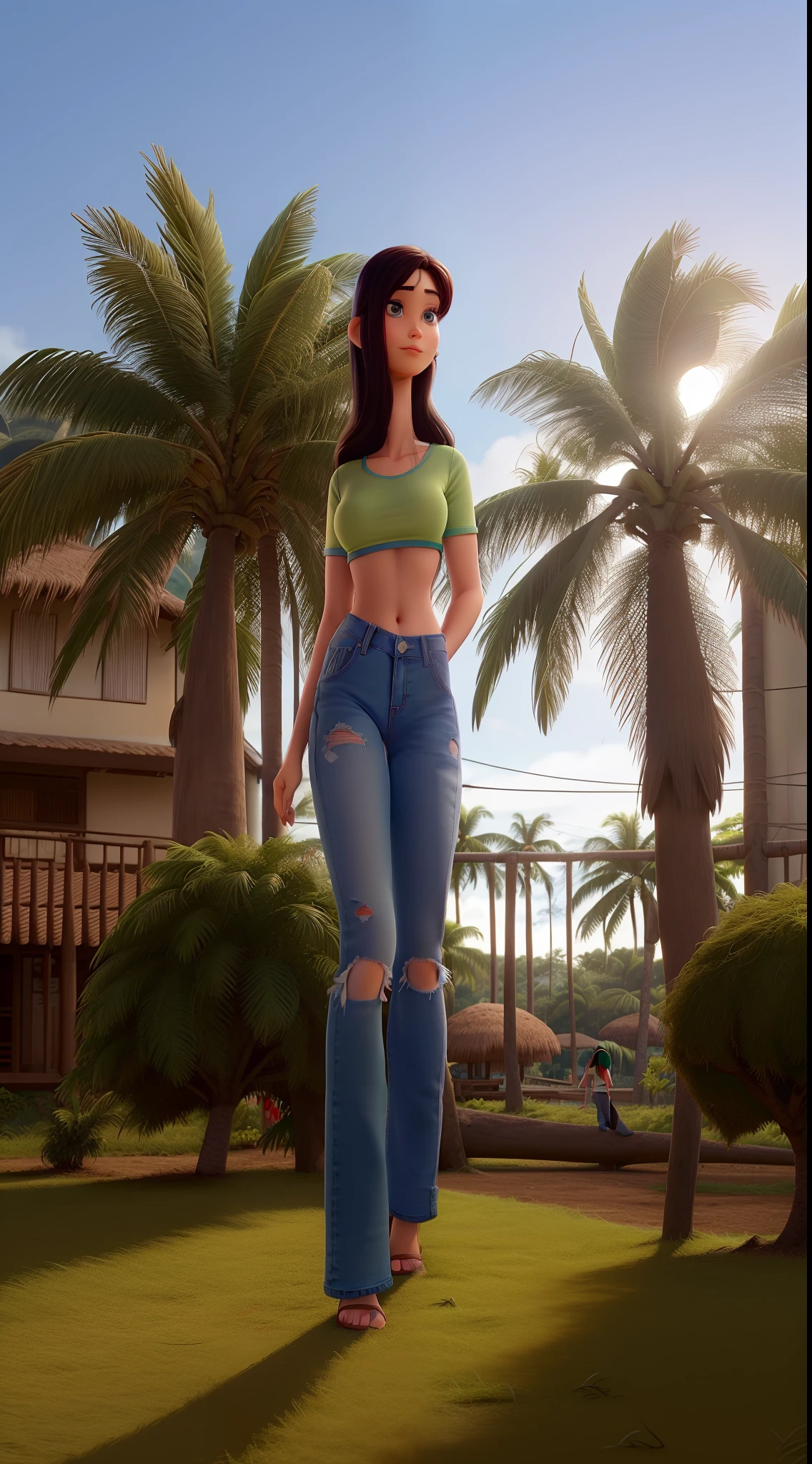 Mulher linda com leve franja, top verde, in jeans ripped at the knee,estilo pixar, with coconut trees in the background, olhando pro lado, com o cabelo na frente do rosto, sol ao fundo, olhos escuros, hd, Disney