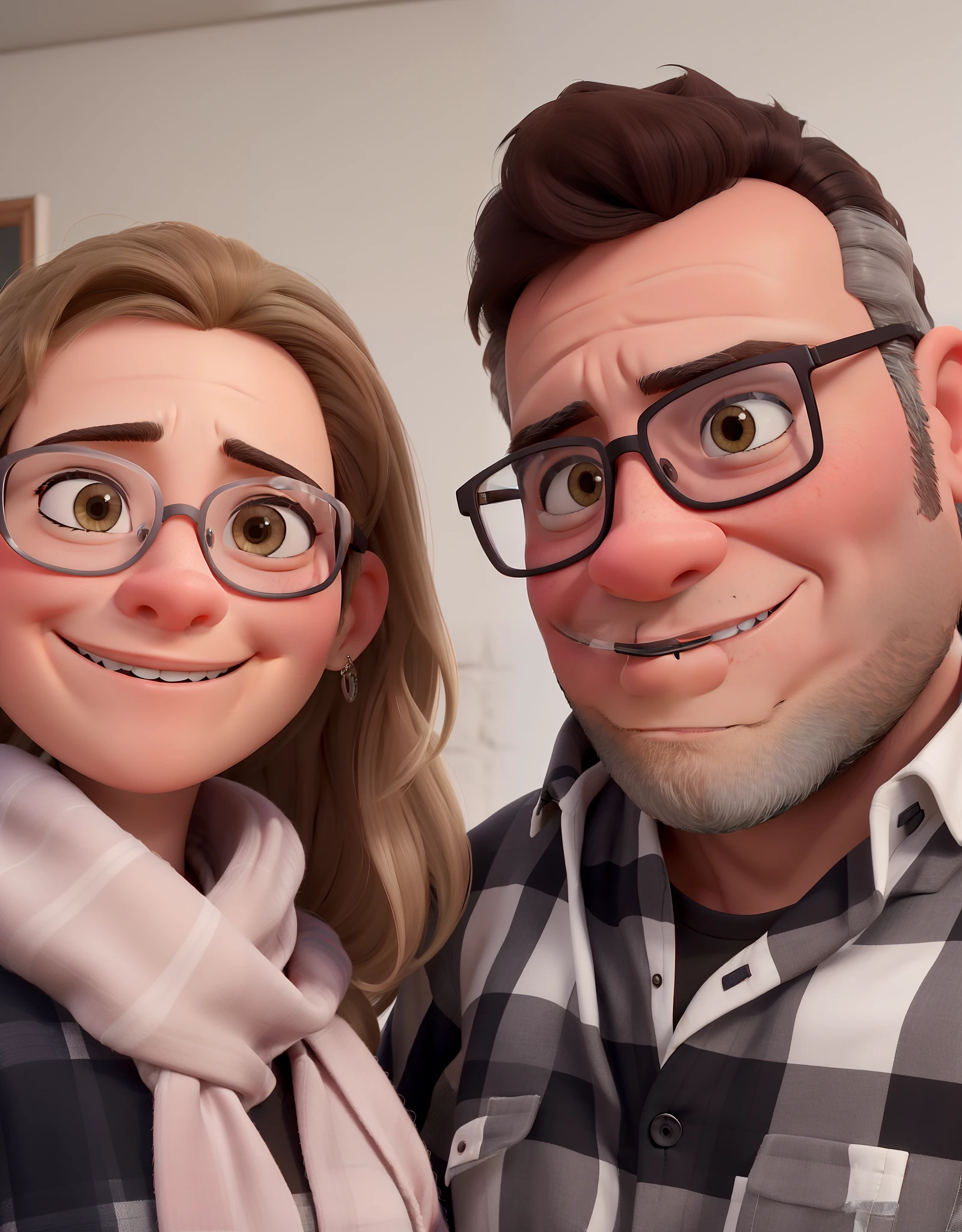 A imagem mostra um casal posando juntos para uma foto. A mulher do lado esquerdo da imagem, Both people are smiling and look happy. Woman has medium hair and blonde hair, She's wearing a casual look and a plaid scarf with pink around her neck. The man is a little chubby, tem cabelos arrepiado curtos e castanho escuros, usar barba com bico na frente, Rectangular eyeglasses with black frame. He's wearing a gray and white plaid shirt.