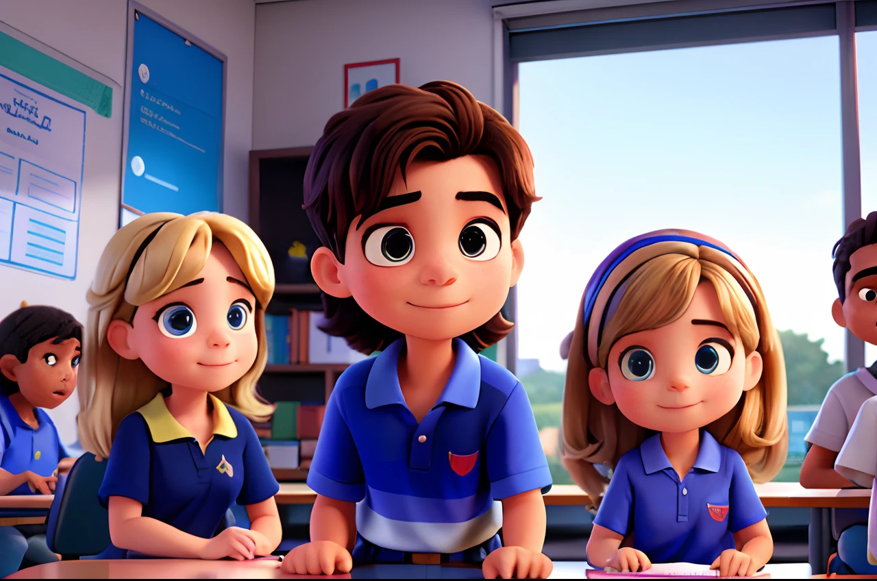 three students, uma menina e dois meninos, sentados em uma carteira de estudante, dentro de uma sala de aula, vestindo uma camisa polo branca com a gola azul marinho, Wearing a pair of navy blue pants with a red stripe