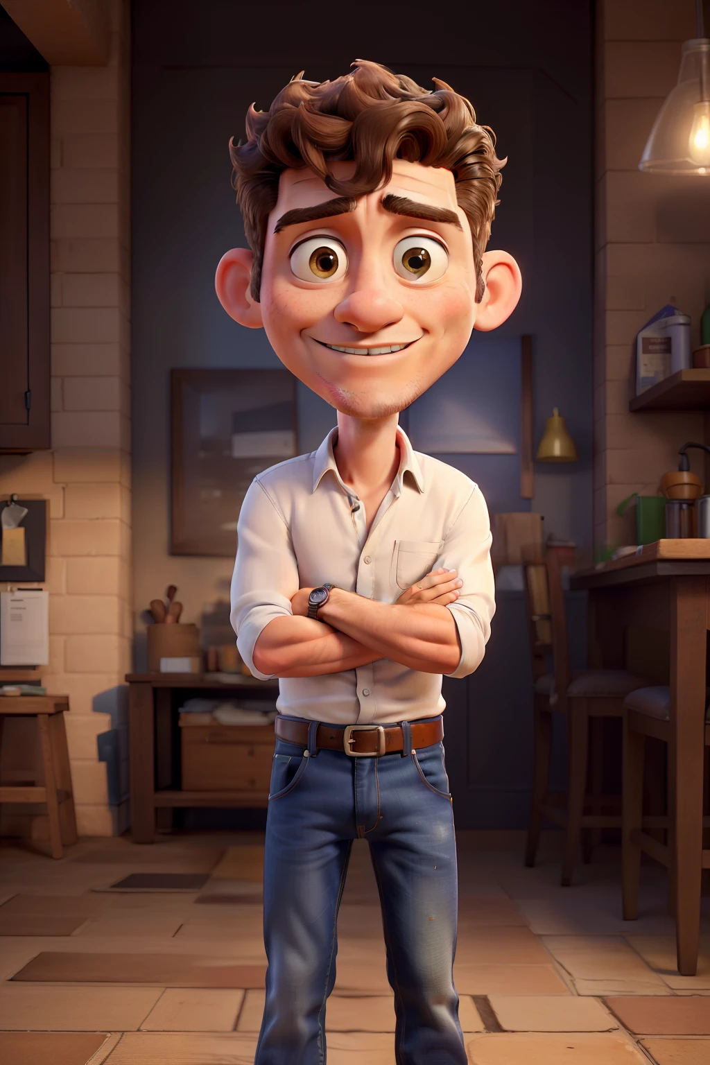 (best quality,4k,8k,highres,masterpiece:1.2),ultra-detailed,(realistic,photorealistic,photo-realistic:1.37),56-year-old,brunette man,arms crossed,white shirt,jeans,goatee,short curly hair,detailed eyes,detailed lips,adult man,serious expression,natural atmosphere,studio lighting,vivid colors,soft sunlight,twinkling eyes,warm skin tone,sharp focus,medium:oil painting,handsome features,casual attire,confident posture,urban background,cool demeanour