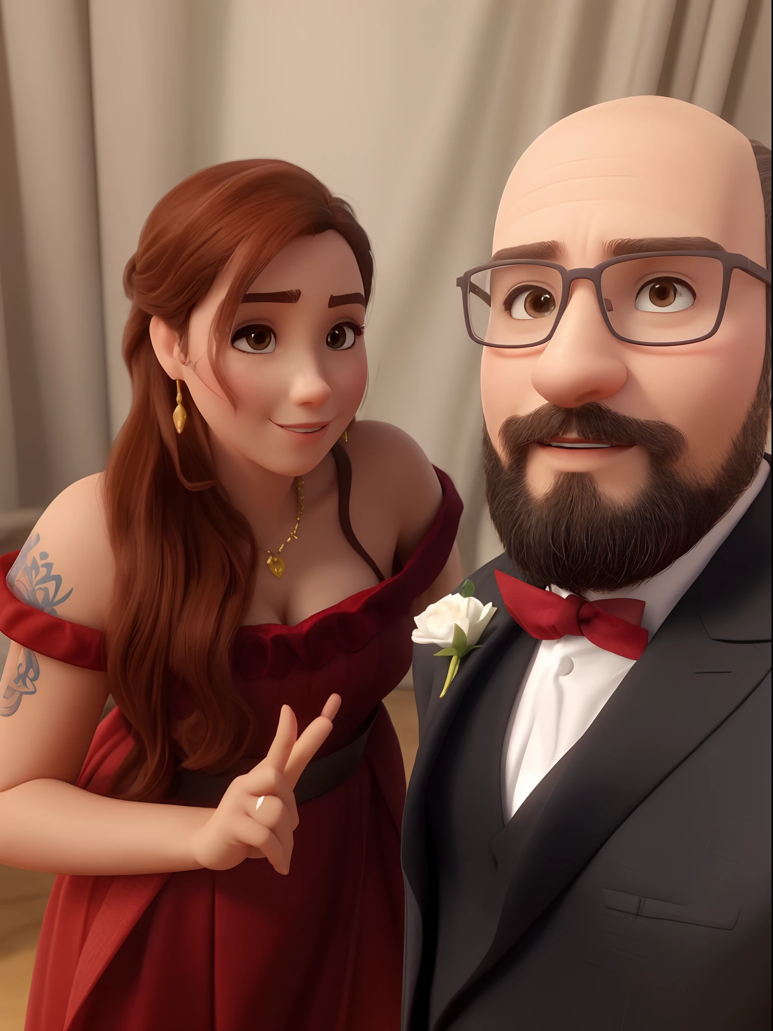 there is a man and woman posing for a picture together, imagem de perfil, Fotografia tirada em 2 0 2 0, 1614572159, Alarcon Cartunista, Postagem 4k, 4 k post, Magali Villeneuve e Monet, com nerd! glasses! e cavanhaque, foto do perfil, vestindo trajes formais vermelhos estilo Disney pixar