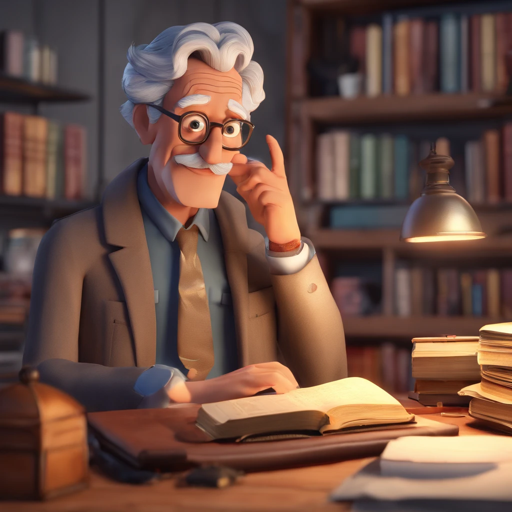 Crie um cartaz inspirado na Disney Pixar com o personagem sendo o pastor Rubens Janier, A gray-haired man wearing glasses, in an office with a Bible on the table