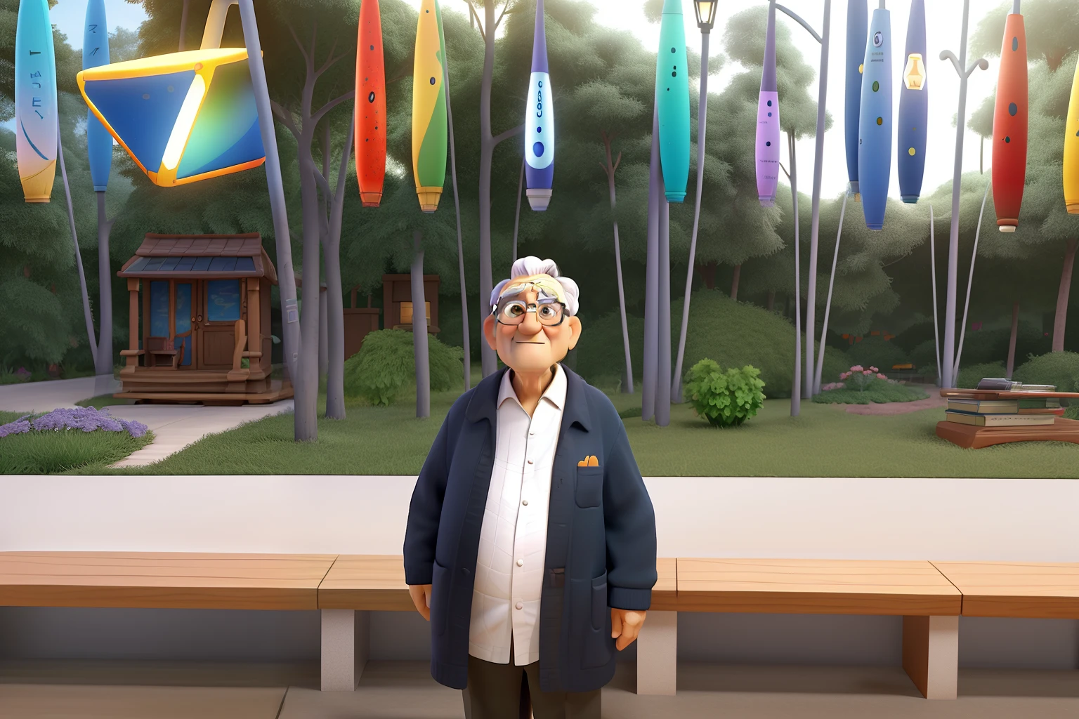 Create a 3D poster inspired by Pixar Abinations movies. A wise old man standing in front, illuminated by the light of a lamp, contra o pano de fundo de uma biblioteca