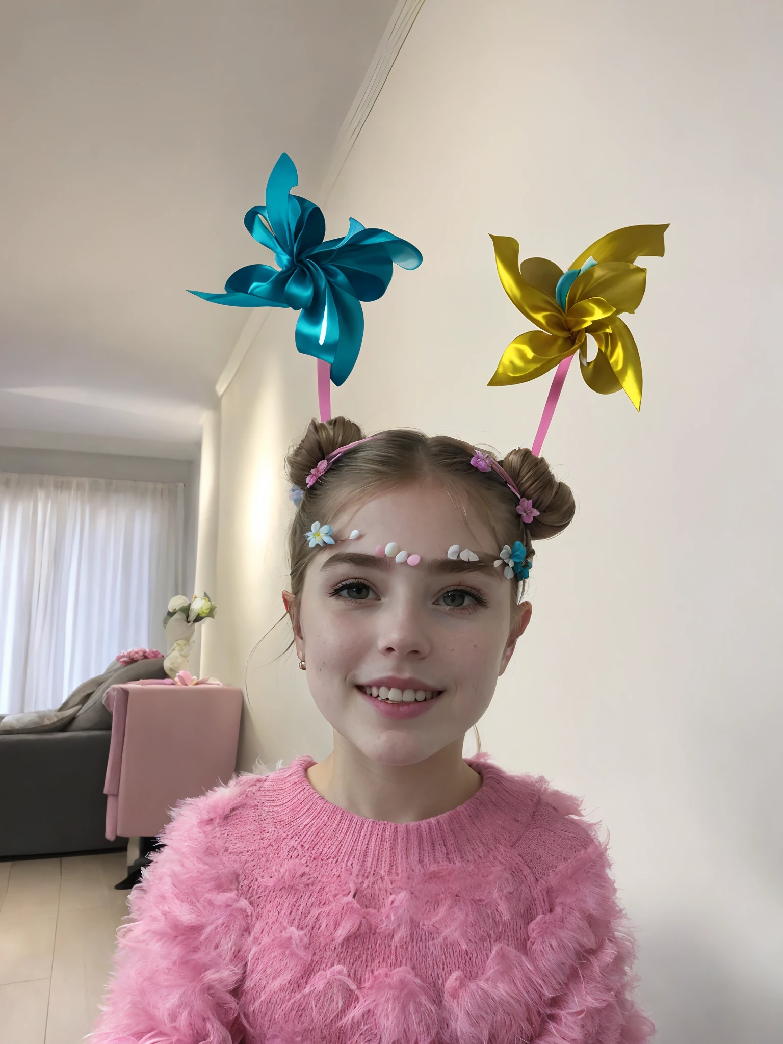 There's a young woman wearing a pink sweater and a pink bow tie, wearing a flower headpiece, jester themed, posando em leotard e tiara, Decore Inspirado, cabelo rosa coberto com grampos de cabelo, head piece,  elfa vestindo um terno da flor, flowers growing out of its head, tirado no iphone 1 3 pro, space flower fairy, fantasy themed