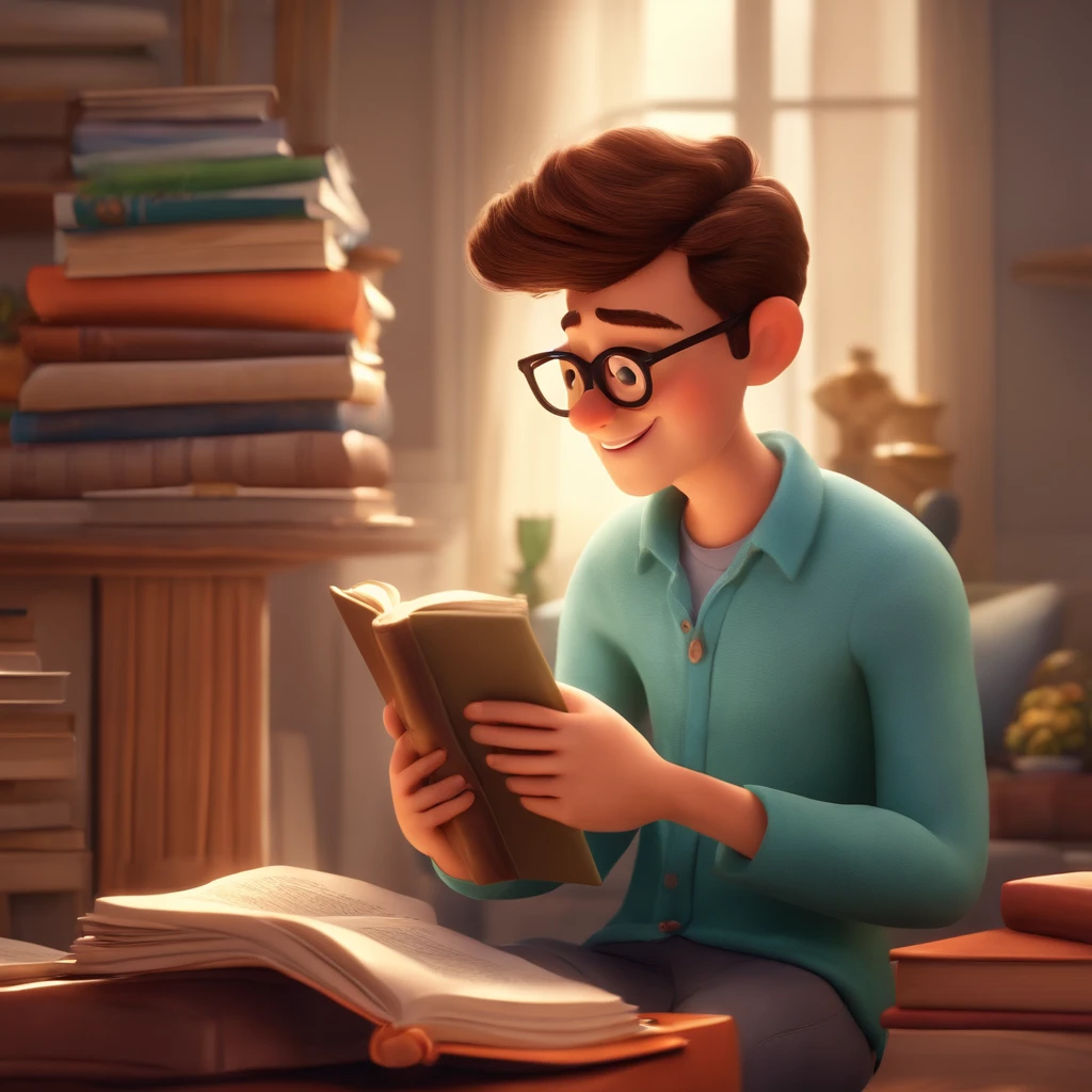 fundo branco, pixar desenhos animados 3D, homem lendo um livro, ::estilo pixar cartoon