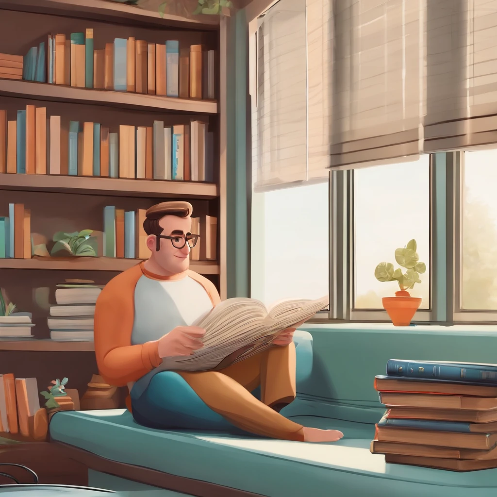 fundo branco, pixar desenhos animados 3D, homem lendo um livro, ::estilo pixar cartoon