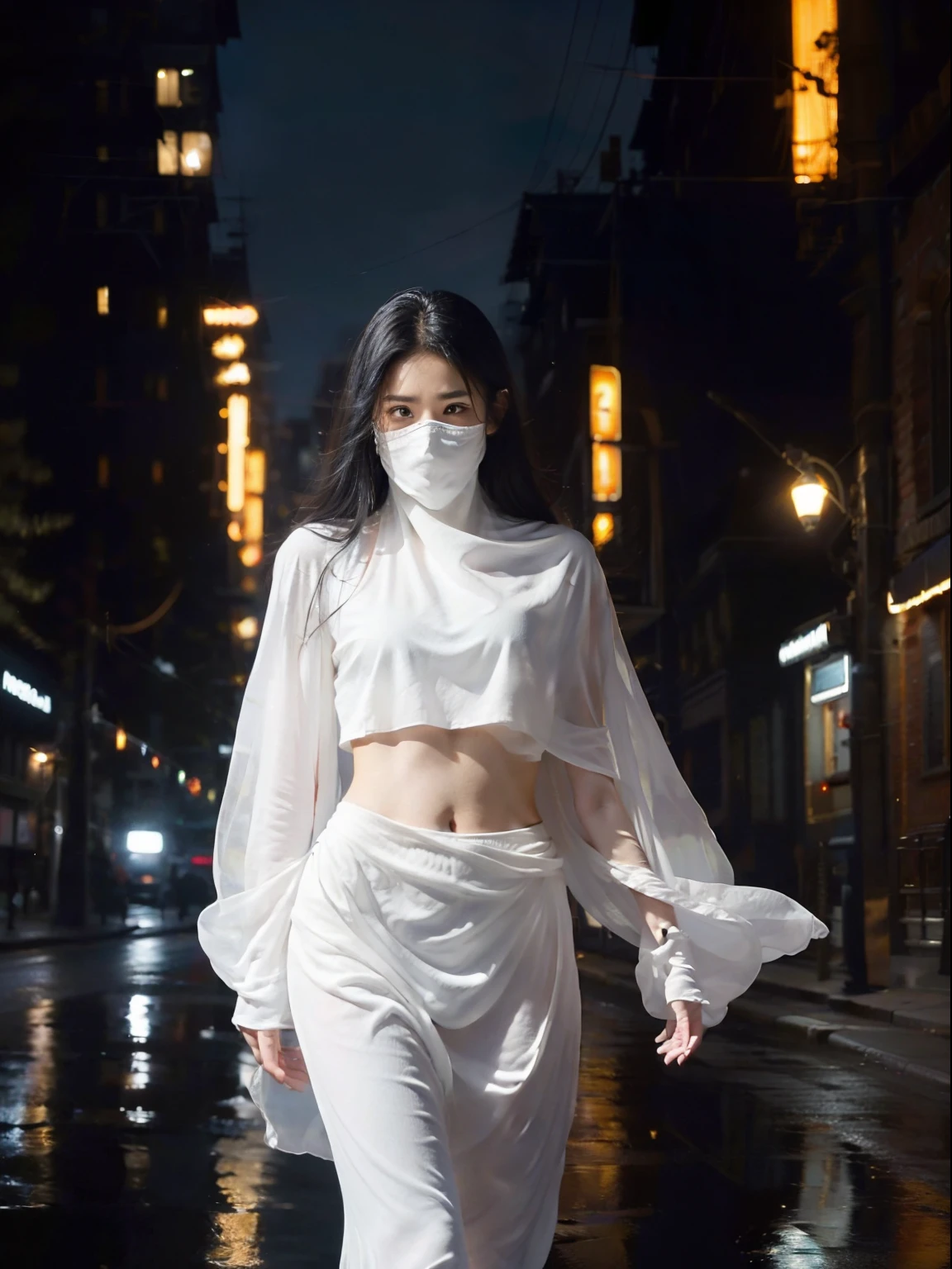 (One Person:1.6), Ultra Realistic Image of a 25 years old Female Assassin with straight Black Hair, (Wearing white ghost costume covering face only and white panties), midriffs, Detailed City Road at Night, Dynamic Angle, View From Front, Insane Details, Intricate Scene Details, Cinematic Shot and Lighting, Bokeh Effect, Vibrant and Realistic Colors, Masterpiece, Sharp Focus, Ultra Detailed, Taken with DSLR Camera, Realistic Photography, Depth of Field, Incredibly Realistic Environment and Scene, Master Composition and Cinematography