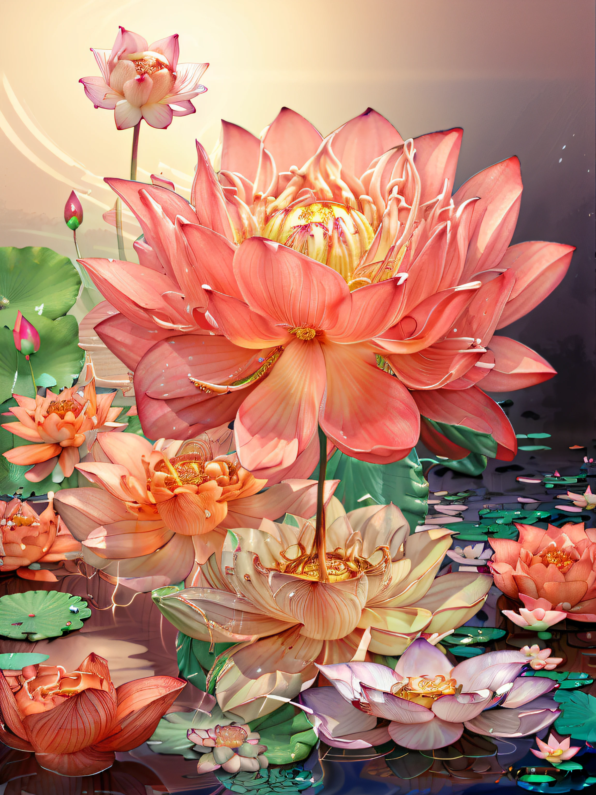 There is a lotus flower painting in the pond，There are water droplets, standing gracefully upon a lotus, waterlily mecha nymphaea, james jean soft light 4 k, james jean soft light 4k, author：Chen Lin, Beeple and Jeremiah Ketner, with lotus flowers, by Yang J, A beautiful artwork illustration, author：Park Hua, Pink Lotus Queen