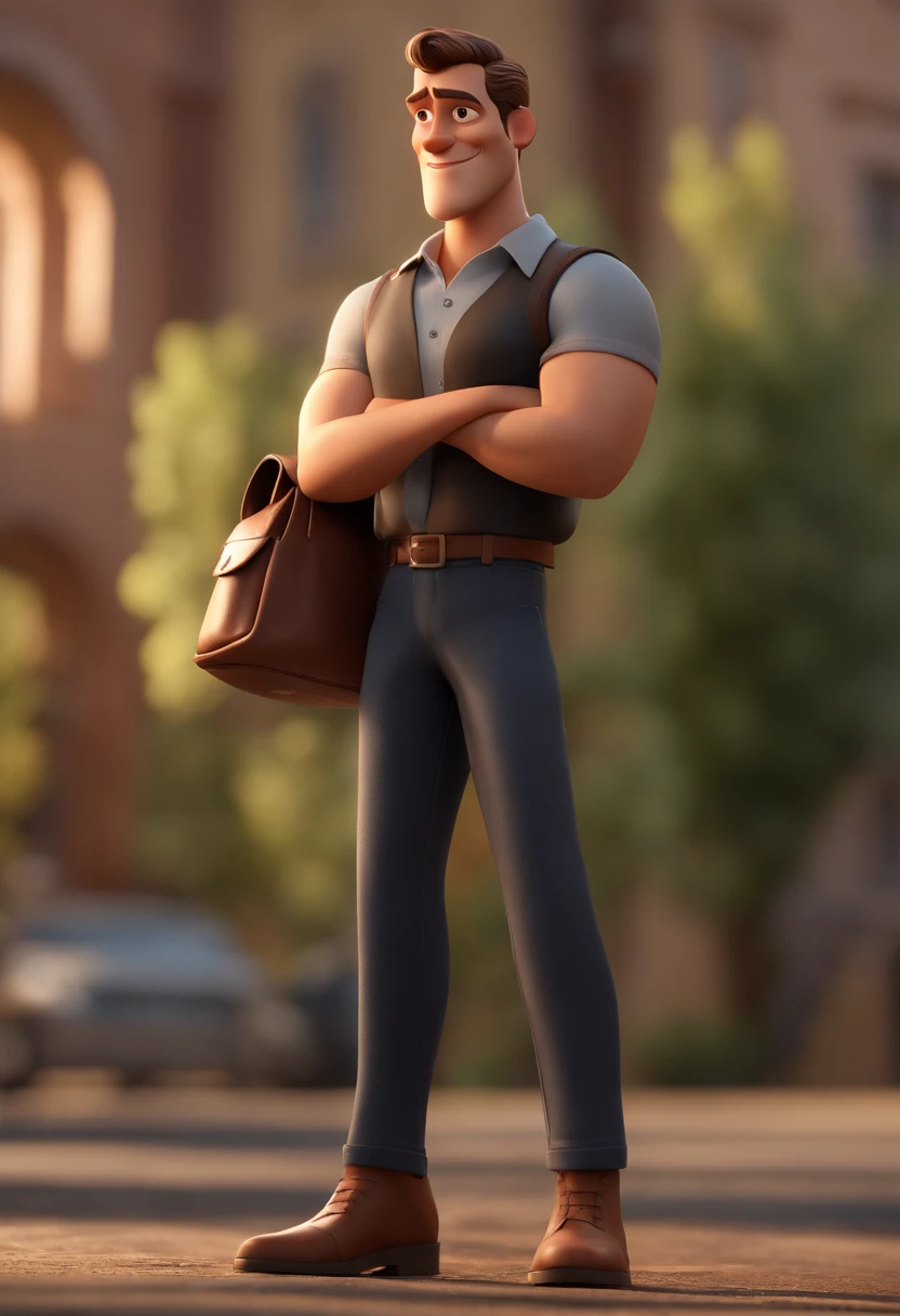 Cartoon character of a man wearing a plain black shirt and light brown pants, um personagem animado, Caractere estilizado, animation style rendering, 3D estilizado, Arnold Maya render, 3 d render stylized, toon render keyshot, Personagem 3D, Personagem 3D, 3d rendering stylized, 3 d character render, personagem de desenho animado, Personagem de close up, Pose de personagem, (Estilo Pixar) (master part:1.2) (Bokeh) (best quality) (pele detalhada) (textura detalhada) (8k) (argila) (Cinematic lighting) (foco nítido,Senta e vaza a parte superior do corpo