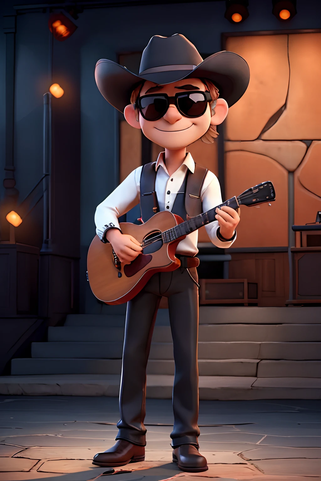 Man in cowboy hat and sunglasses playing black guitar on a rock concert stage with audience