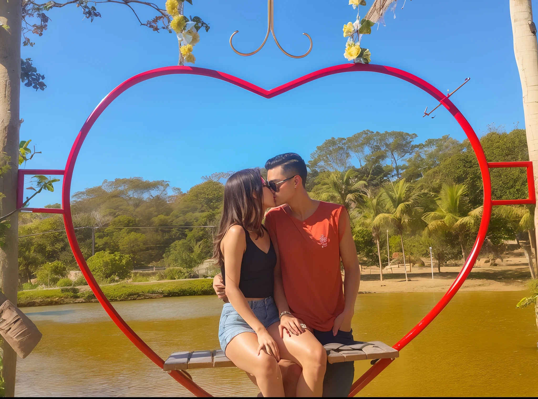 There are two people sitting on a bench in front of a heart-shaped frame, par, casal se beijando, Amando, selfie apaixonada, Directed by: Nandor Soldier, Olivia de Bernardinis, ❤🔥🍄🌪, editing, 😭 🤮 💕 🎀, Postagem 4k, 4 k post, they are in love, 💋 💄 👠 👗