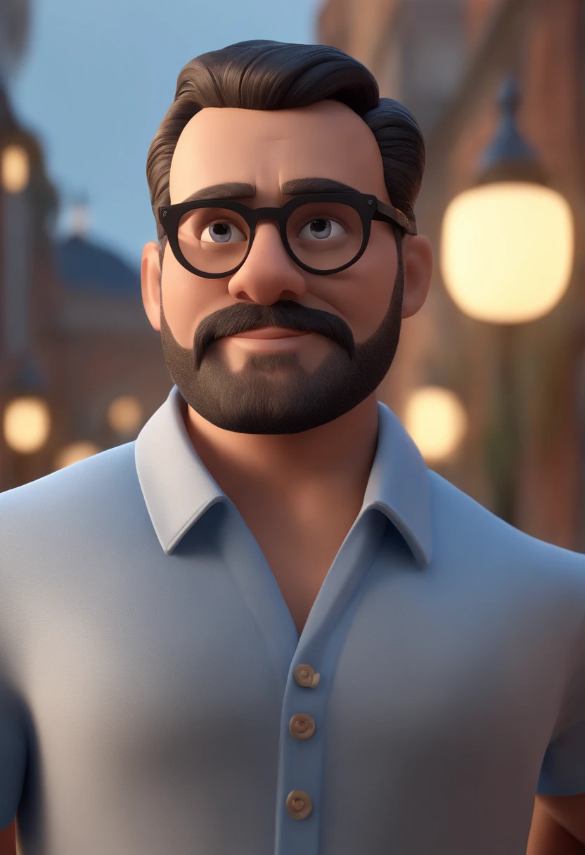 Cartoon character of a man with black glasses and a blue shirt, careca, animation character, Caractere estilizado, animation style rendering, 3D estilizado, Arnold Maya render, 3 d render stylized, toon render keyshot, Personagem 3D, Personagem 3D, 3d rendering stylized, 3 d character render, personagem de desenho animado, Personagem de close up, Pose de personagem, (Estilo Pixar) (master part:1.2) (Bokeh) (best quality) (pele detalhada) (textura detalhada) (8k) (argila) (Cinematic lighting) (foco nítido