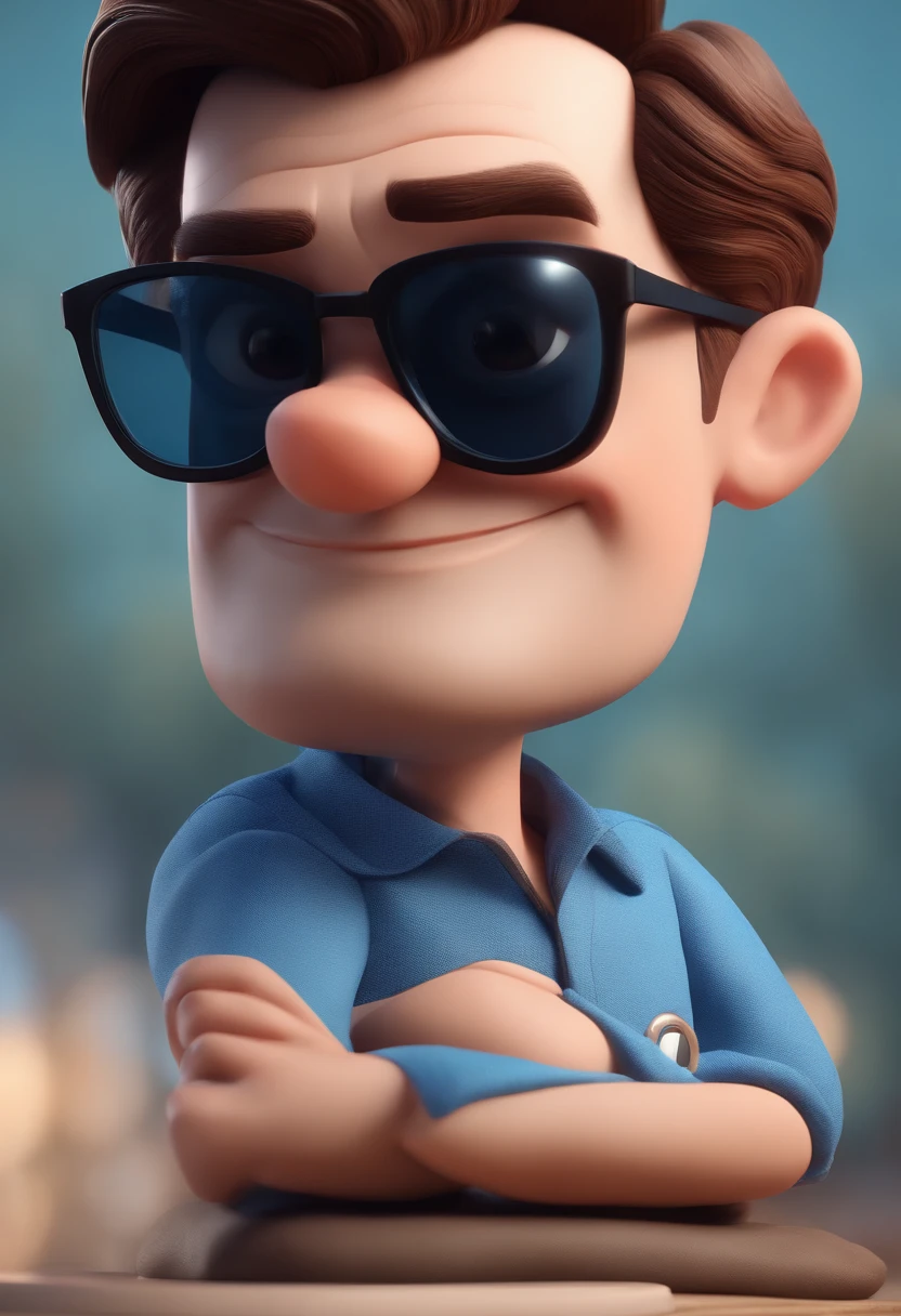 Cartoon character of a man with black glasses and a blue shirt,  careca, animation character, Caractere estilizado, animation style rendering, 3D estilizado, Arnold Maya render, 3 d render stylized, toon render keyshot, Personagem 3D, Personagem 3D, 3d rendering stylized, 3 d character render, personagem de desenho animado, Personagem de close up, Pose de personagem,  (Estilo Pixar) (master part:1.2) (Bokeh) (best quality) (pele detalhada) (textura detalhada) (8k) (argila) (Cinematic lighting) (foco nítido