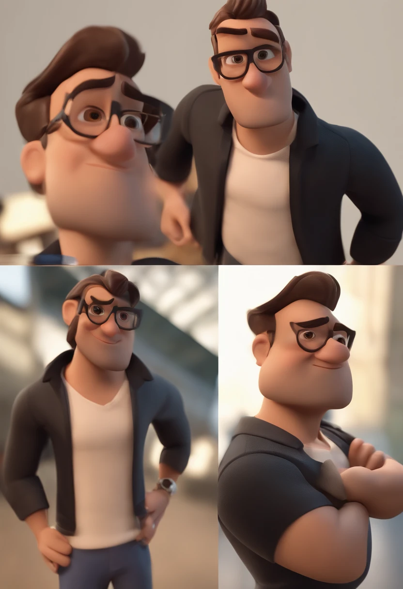 Cartoon character of a man wearing a plain black shirt and light brown pants, um personagem animado, Caractere estilizado, animation style rendering, 3D estilizado, Arnold Maya render, 3 d render stylized, toon render keyshot, Personagem 3D, Personagem 3D, 3d rendering stylized, 3 d character render, personagem de desenho animado, Personagem de close up, Pose de personagem, (Estilo Pixar) (master part:1.2) (Bokeh) (best quality) (pele detalhada) (textura detalhada) (8k) (argila) (Cinematic lighting) (foco nítido，Senta e vaza a parte superior do corpo