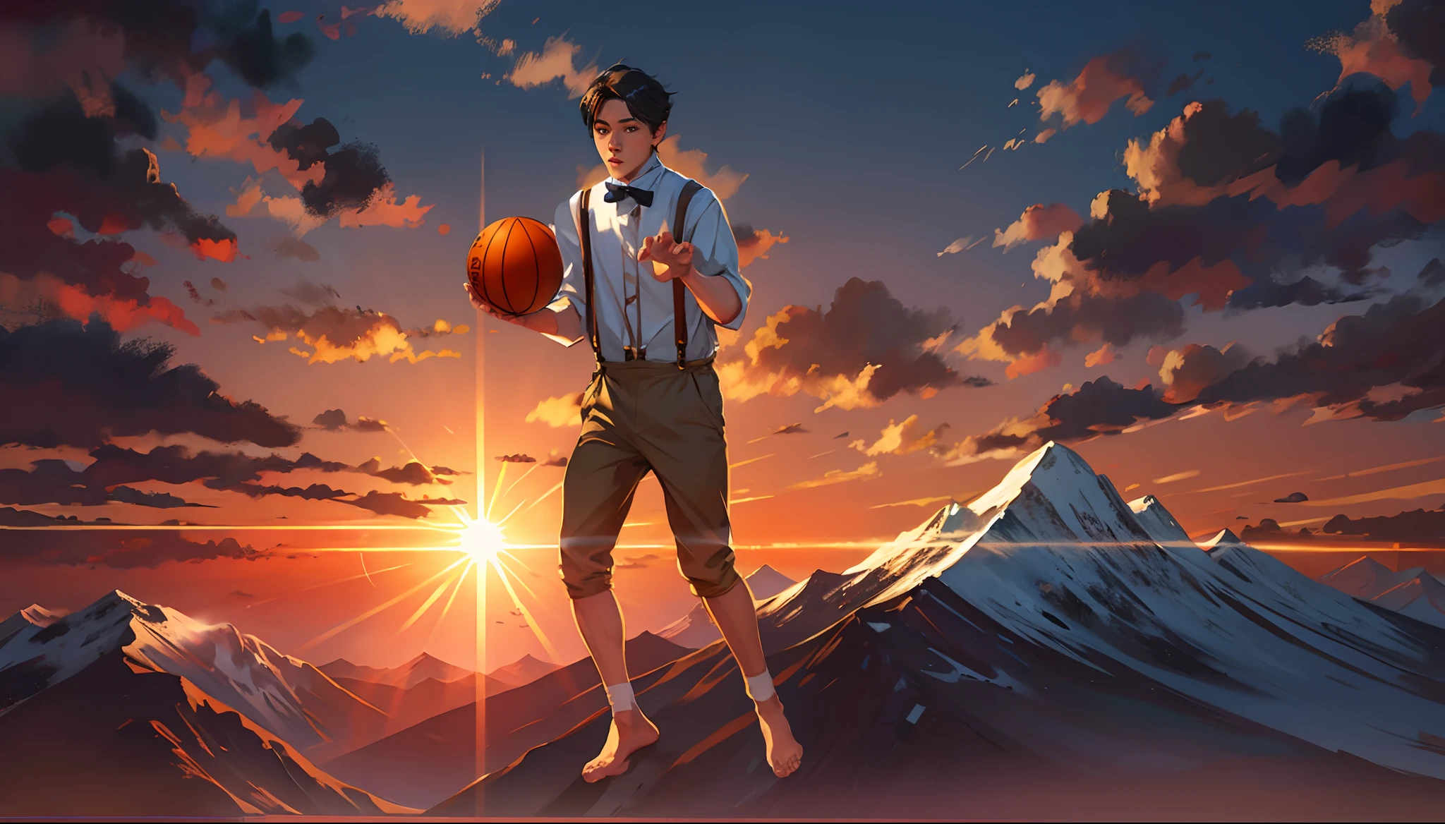 the sunset,eventide,Big Mountain,Medium short hair,Suspenders,Five fingers are normal and clear,Feet on the ground,Two hands,Two feet,basketball ball,