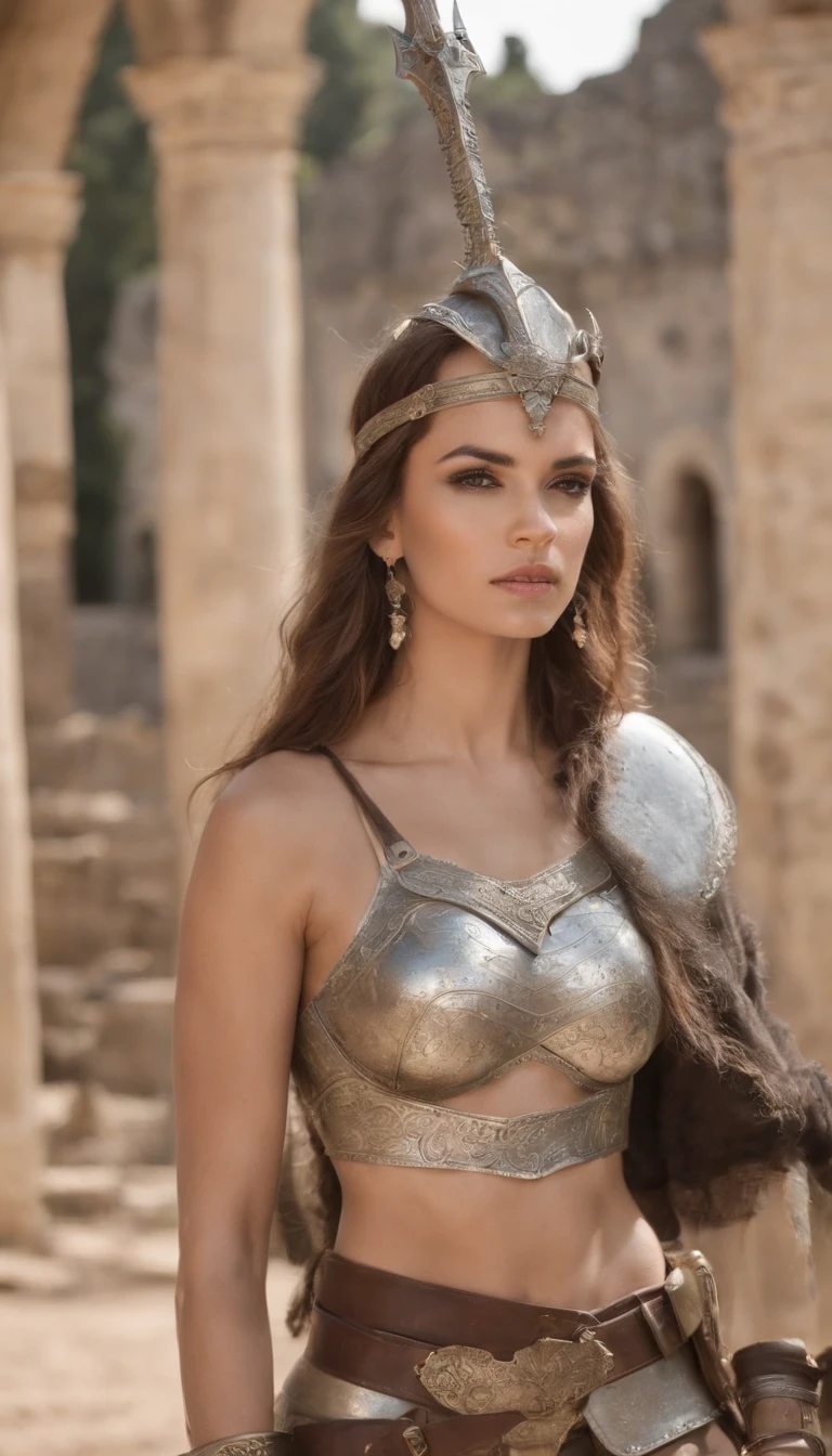 Pose sentada, pernas abertas. The panties are visible through the armor on the lower half of the body. Upper body creates the image of a warrior with bikini and shiny sword. His expression is a smile. Give this image feminine charm and courage. Next, combine accessories like a warrior costume designed to emphasize body lines, acentos em metal para criar uma atmosfera combativa, vec, a silver or gold hat and a pencil necklace with matching rings and earrings. Enfim, The feminine warrior vibe is imbued with sharp eyeliner and dark eyeshadow. The photo shoot takes place in the courtyard of an abandoned castle. In the background are the ruined castle walls, an upside-down flag and stone statues that evoke a sense of history. This is a place where female warrior cosplay can be seen in an atmosphere of history and mystery.