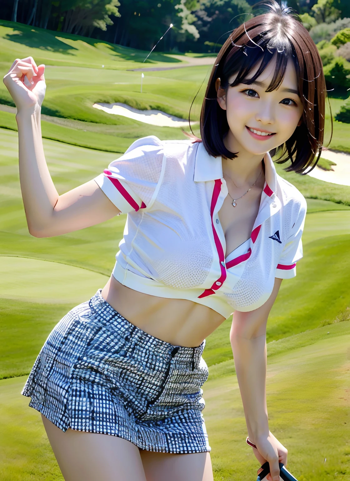 Japan Women's Professional Golfer Women、Short length tight skirt、Crouch on the golf course green、26 year old，realisticlying，japanaese girl，Phenomenally cute、（de pele branca），，short-hair、(No bra)、shining legs、Glowing chest、chubby figure、Pinkwear、Inviting eyes、Saori