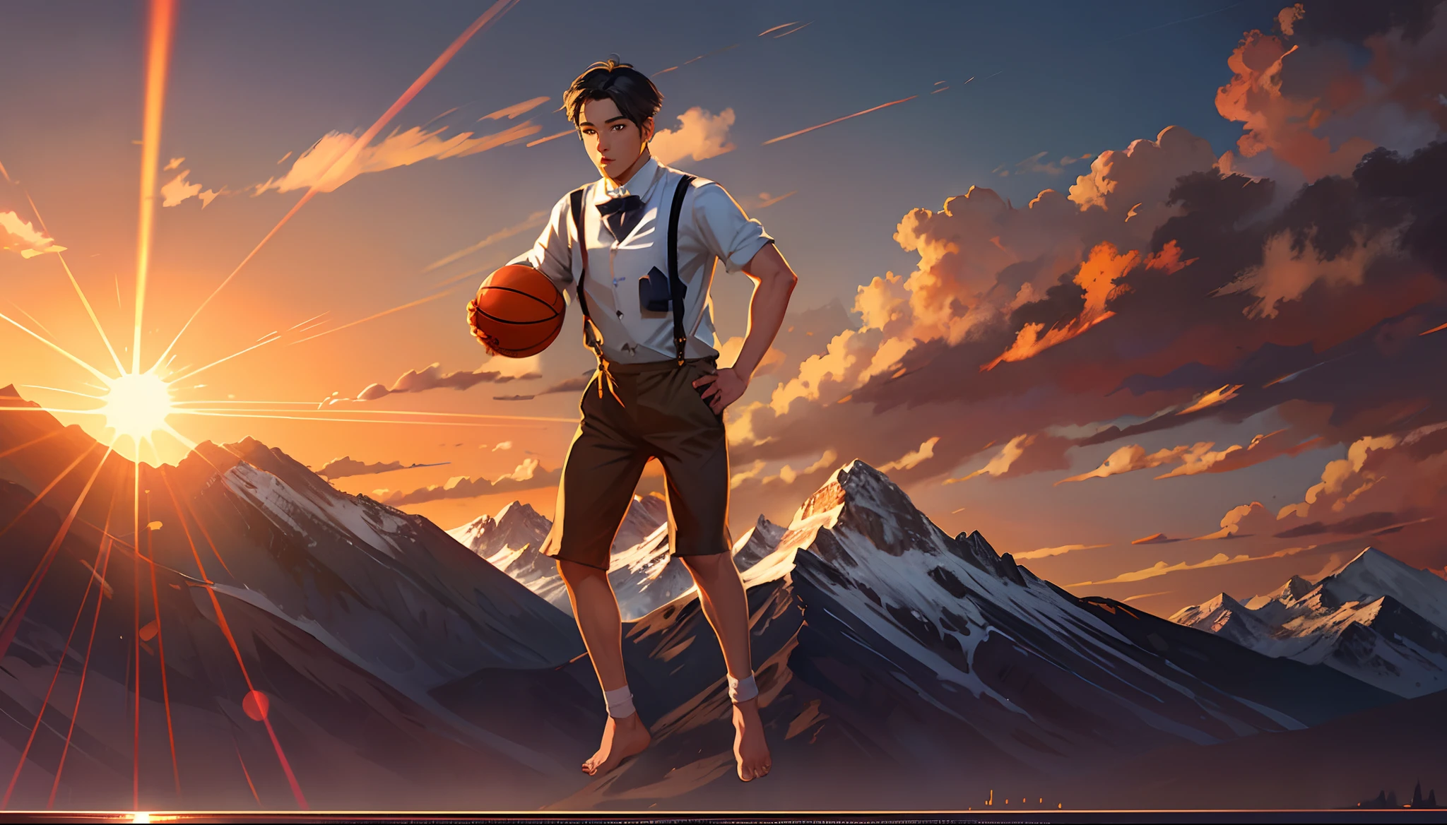 the sunset，eventide，Big Mountain，Medium short hair，Suspenders，Five fingers are normal and clear，Feet on the ground，Two hands，basketball ball，Boy student