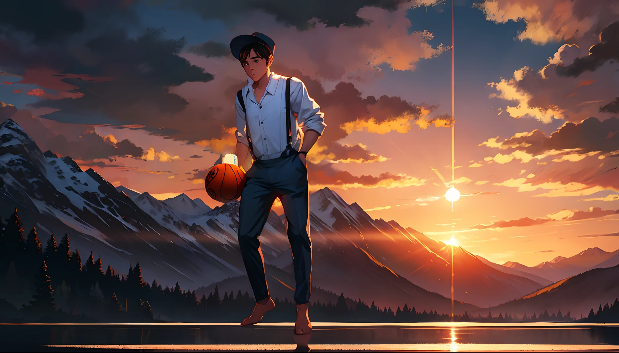 the sunset，eventide，Big Mountain，Medium short hair，Suspenders，Five fingers are normal and clear，Feet on the ground，Two hands，basketball ball，