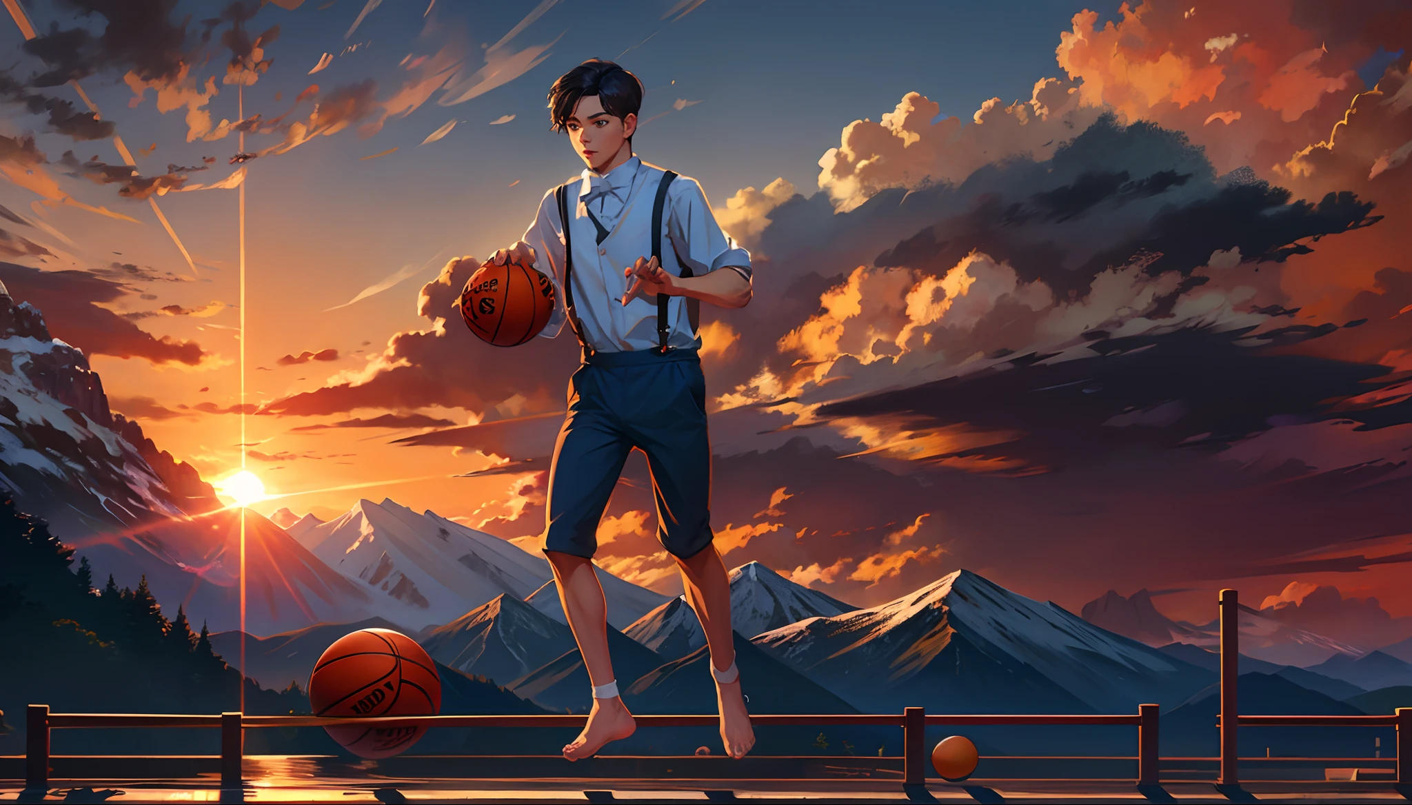 the sunset，eventide，Big Mountain，Medium short hair，Suspenders，Five fingers are normal and clear，Feet on the ground，Two hands，Two feet，basketball ball，Boy student