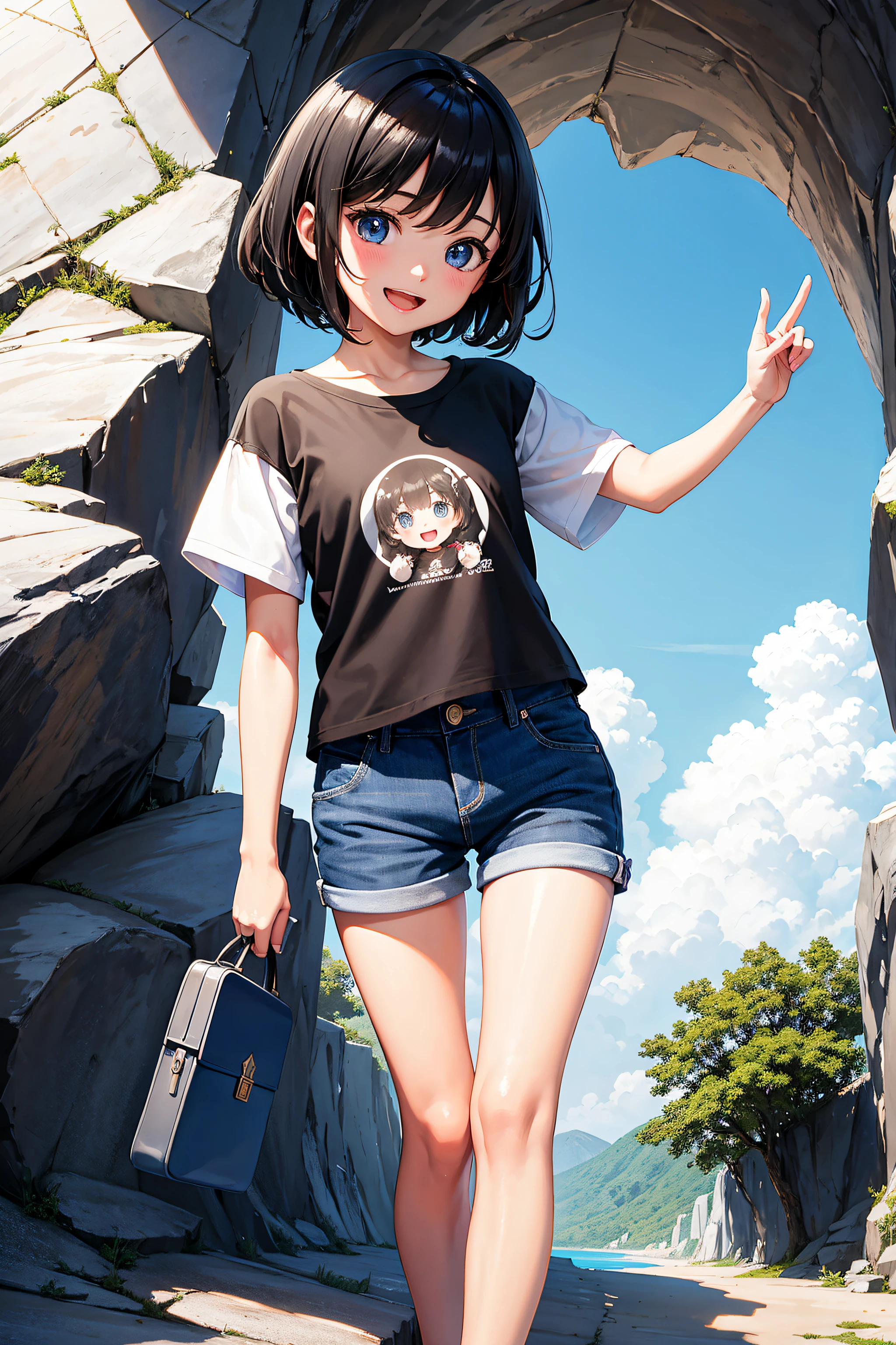 selfie,Beautiful illustration、masterpiece, top-quality、((cave)), 1 girl,A Cute little girl、mini girl, 4th grade elementary school student、walking , smile, open mouth, black hair, short hair, blue eyes、(black hotpants), (Tshirts), lovely thighs、glowing thigh, shiny skin, sexy, nsfw,