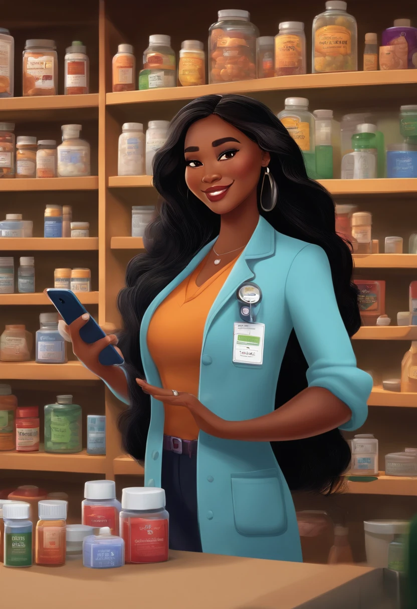 Disney Pixar Women's Pharmacist, Asian and African American White Long Hair, Showing Cell Phone Application for Drugs and Laws
