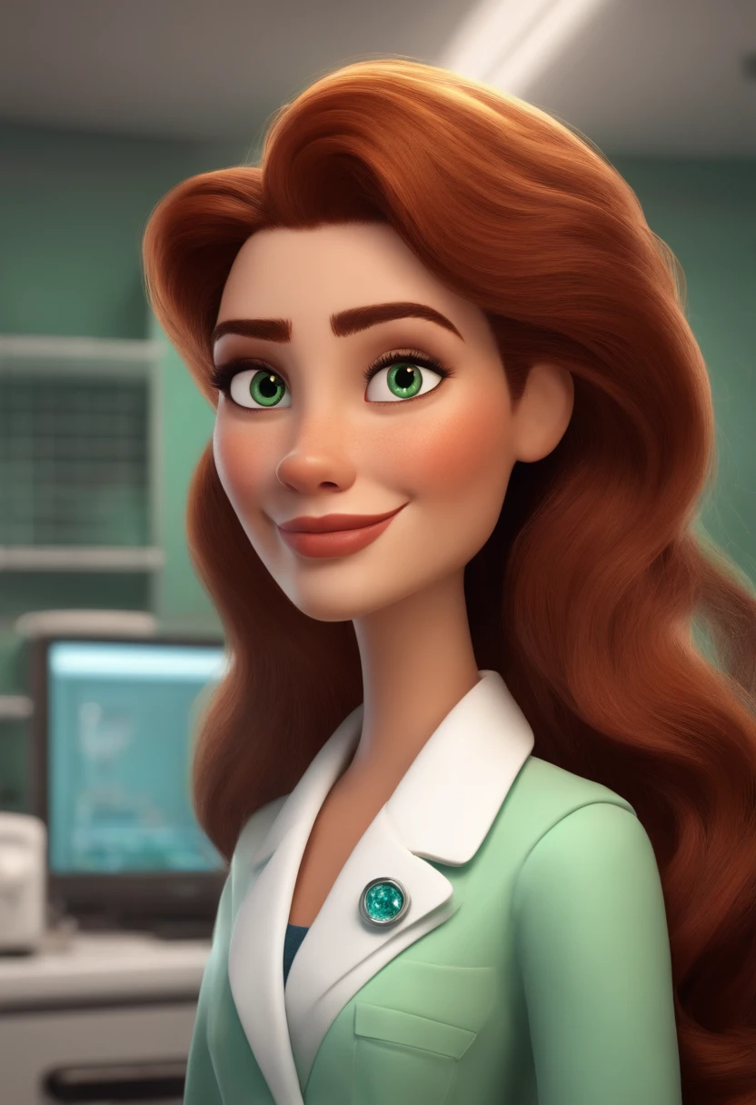 Create a pixar-style character inside a lab coat that works with eyelash extensions, tem que ser uma mulher com 35 anos, de cabelos longos e cacheados escuro, com algimas mechas verdes