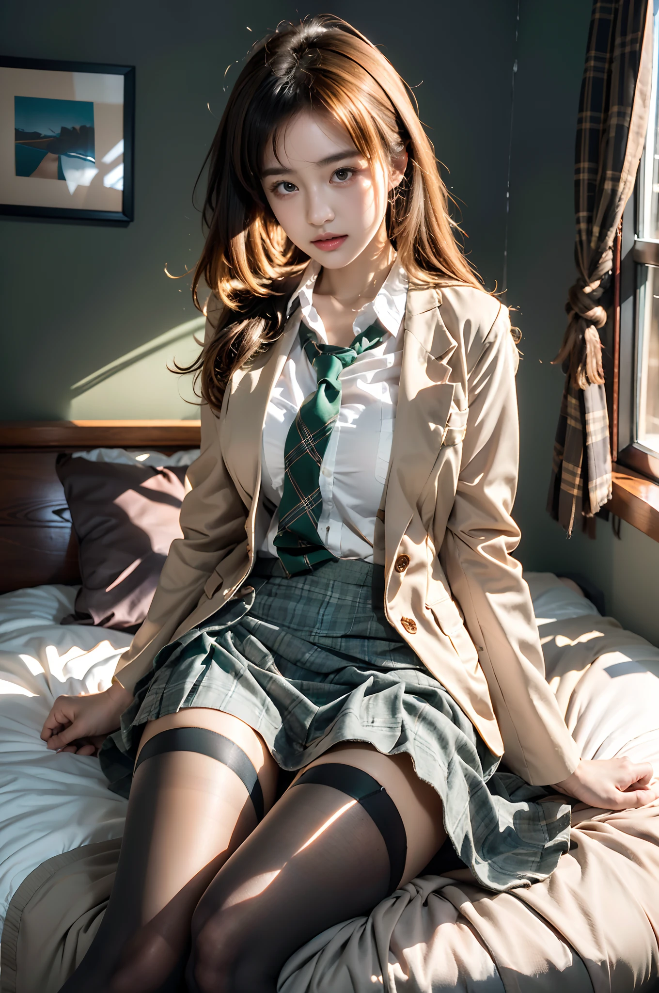 (Realistic:1.3), (masutepiece:1.2), (Photorealistic:1.2), 超A high resolution,Detailed Focus:1.2,(Best Quality), (Detailed skin:1.3), (Intricate details),pantie shot,1girl in,Japanese high school  girl,独奏,(((Girl in school uniform,Cardigan,Black pleated skirt,Black socks,Green tie))) twin-tail hair, Twin Loop Hair, Parted bangs, In bed in the bedroom,((Lying on your back:1.4)),(Open your legs:1.4),Opening the crotch ,Hands behind the head,light blue pantie,Looking at Viewer, (A smile:1.3),((((Low position shots:1.3)))),(Close-up in panties:1.4)