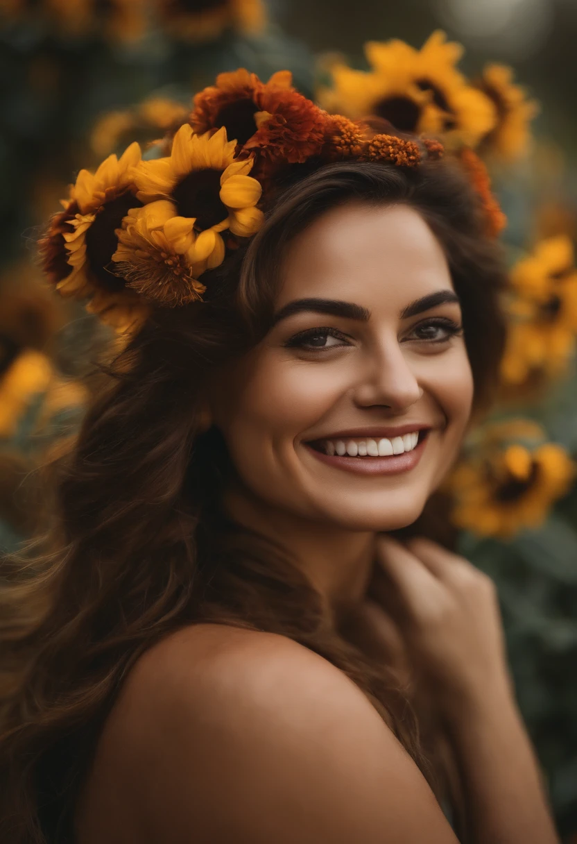 Uma mulher de 30 anos, com cabelos castanhos curtos, Rosto redondo, rosto redondo com sorriso encantador, e olhos castanhos