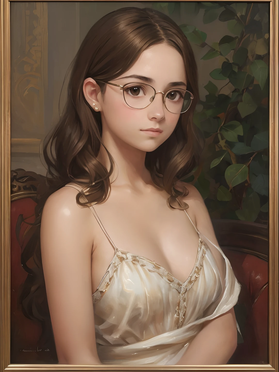 a 1girl, a beautiful -agedl, extremely small breasts, short wavy brown hair, brown eye, eyeglasses, Group portrait, oil painted, contemporary, Only she's completely naked, Realistic Proportion, Intricate, intricate detials, sharp-focus