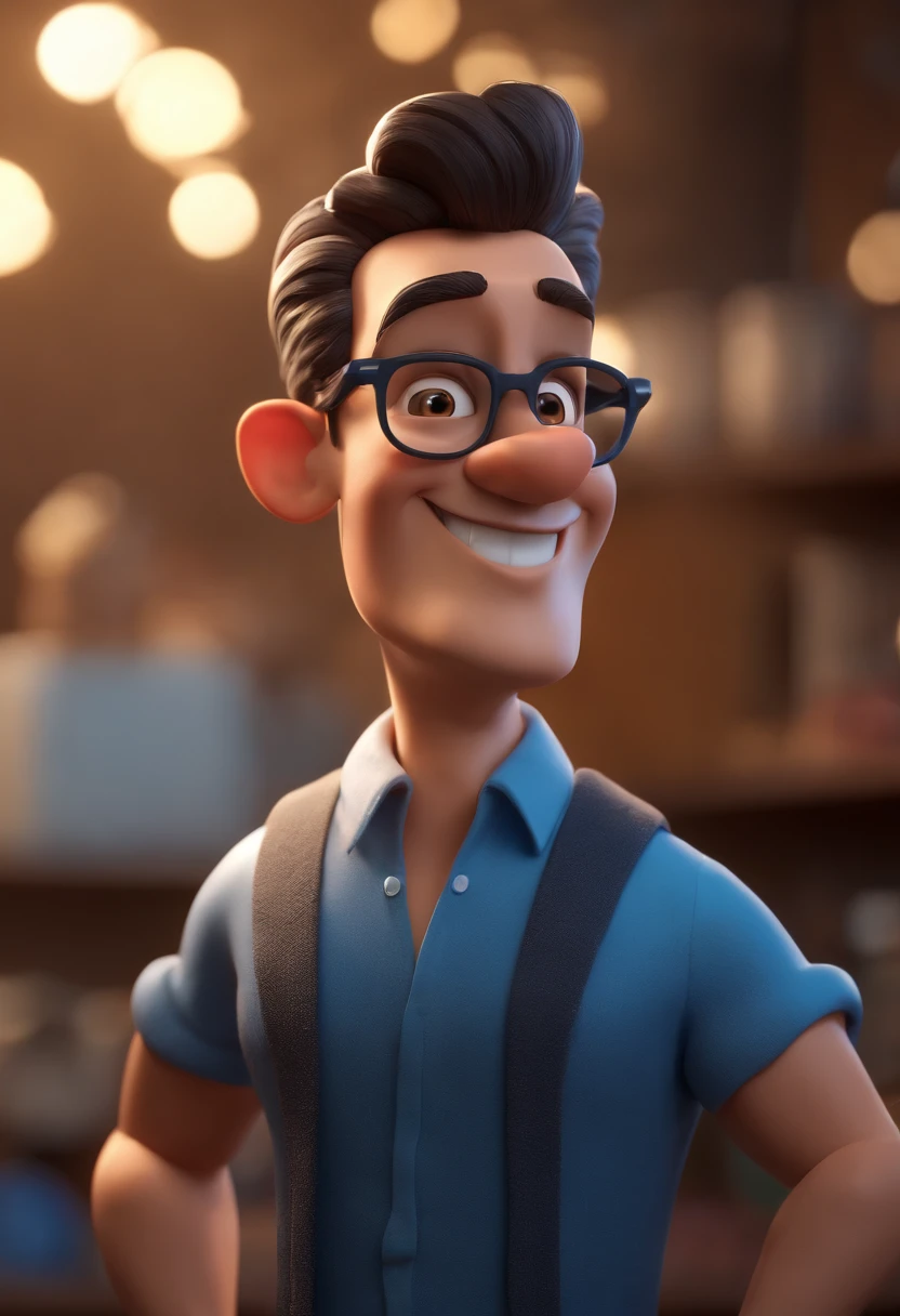 Cartoon character of a man with black glasses and a blue shirt, animation character, Caractere estilizado, animation style rendering, 3D estilizado, Arnold Maya render, 3 d render stylized, toon render keyshot, Personagem 3D, Personagem 3D, 3d rendering stylized, 3 d character render, personagem de desenho animado, Personagem de close up, Pose de personagem,  (Estilo Pixar) (master part:1.2) (Bokeh) (best quality) (pele detalhada) (textura detalhada) (8k) (argila) (Cinematic lighting) (foco nítido