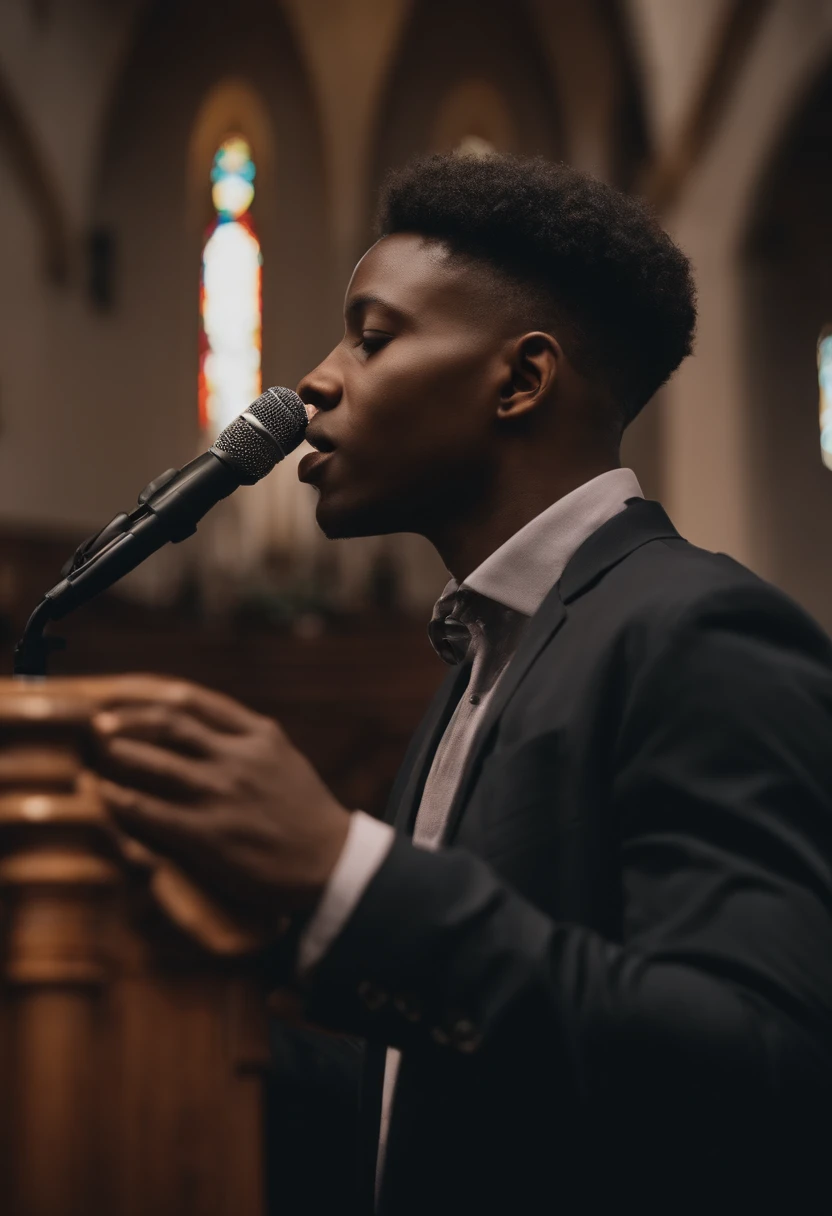 Gospel Youth Leader Holding Microphone Inside Church With Gray Hair