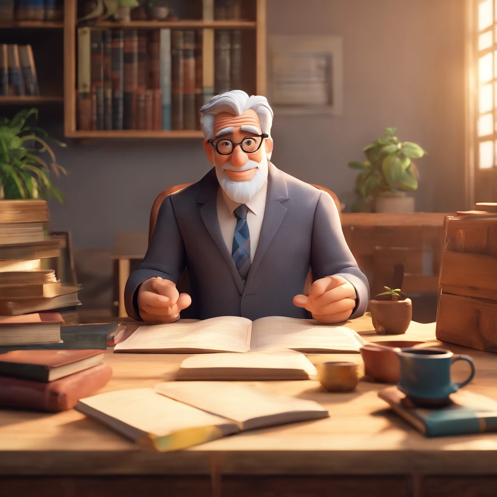 Crie um cartaz inspirado na Disney Pixar com o personagem sendo o pastor Rubens Janier, A gray-haired man wearing glasses, in an office with a Bible on the table