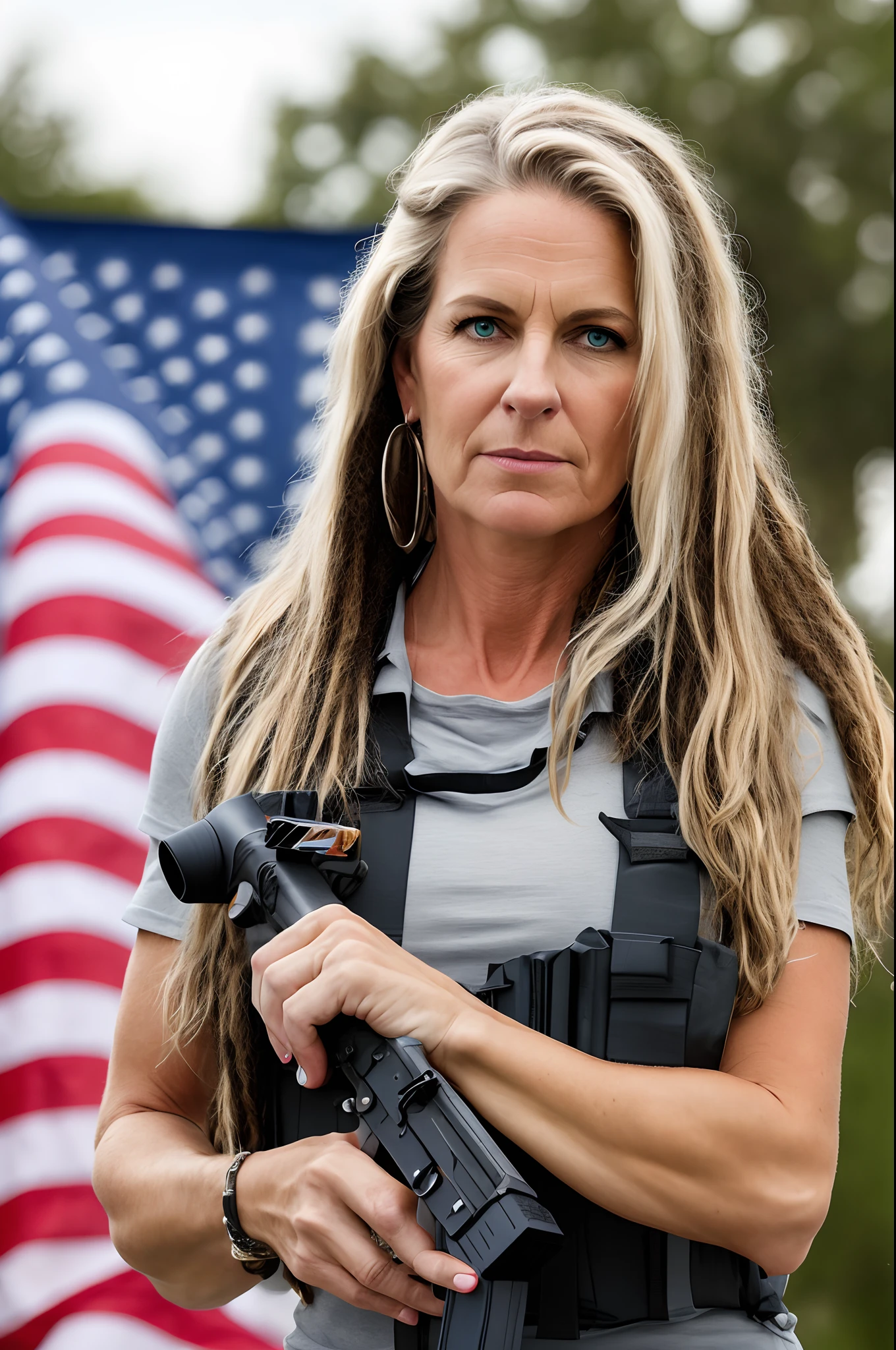 woman in her 40s, chunky build, green eyes, long dark blonde hair, hair in two braids, broad nose, carrying an AR15, the American flag in the background