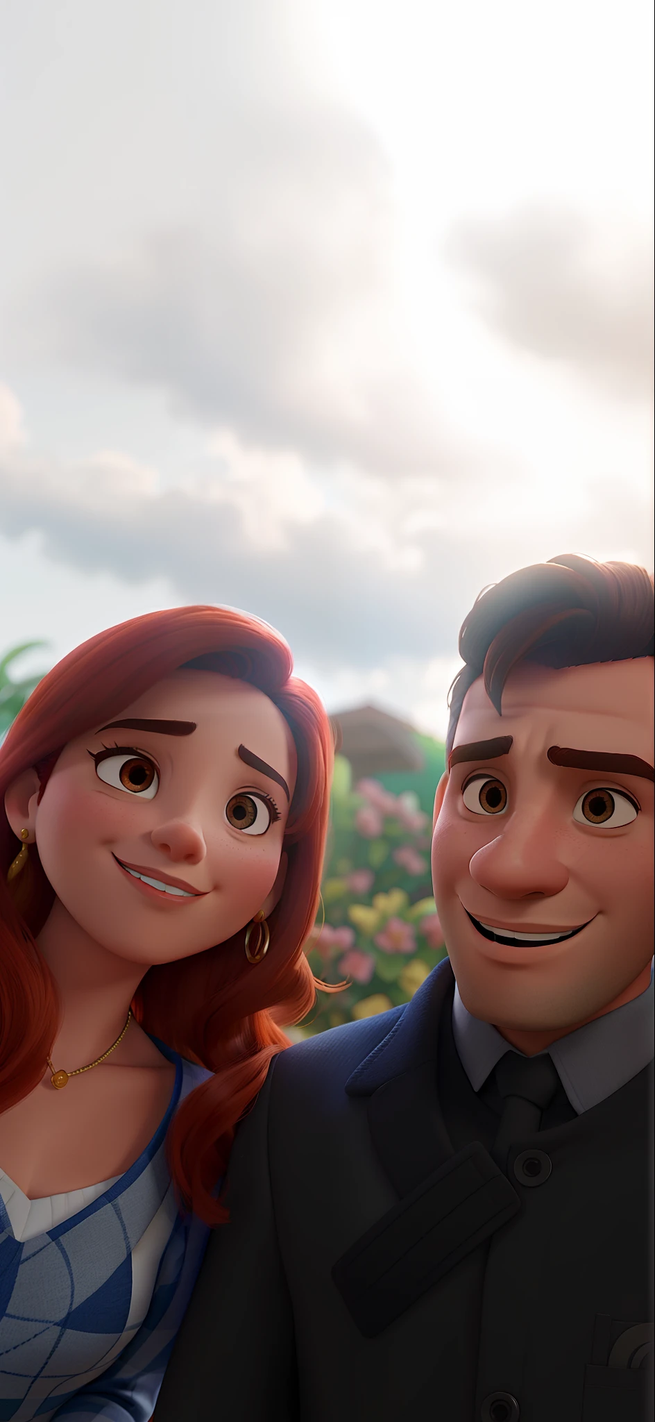 Casal (homem moreno e mulher branca) no estilo Disney Pixar, alta qualidade, melhor qualidade.