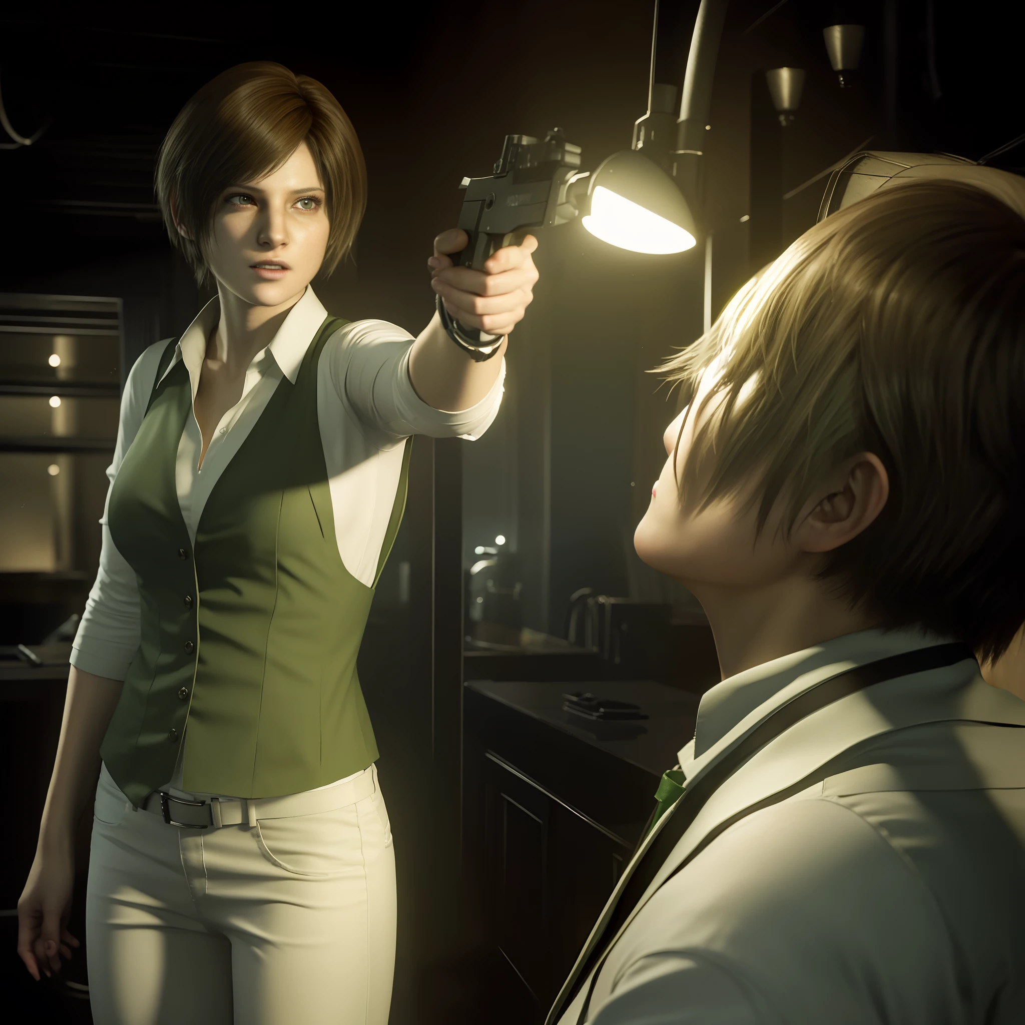 Best quality, ((Rebecca chamber from resident evil)), short  hair, white jeans, beautiful face, green vest