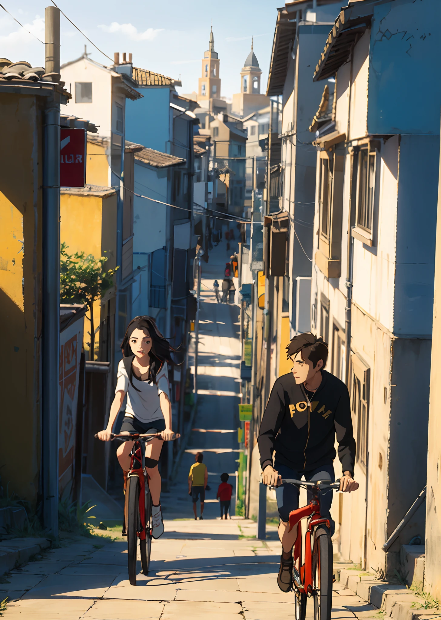 Casal de homem e mulher, jovens, arcos da lapa, mulher loira, cabelo cacheada, homem de cabelo preto, brancos, por do sol, roupas casuais, andando de bicicleta, estilo pixar