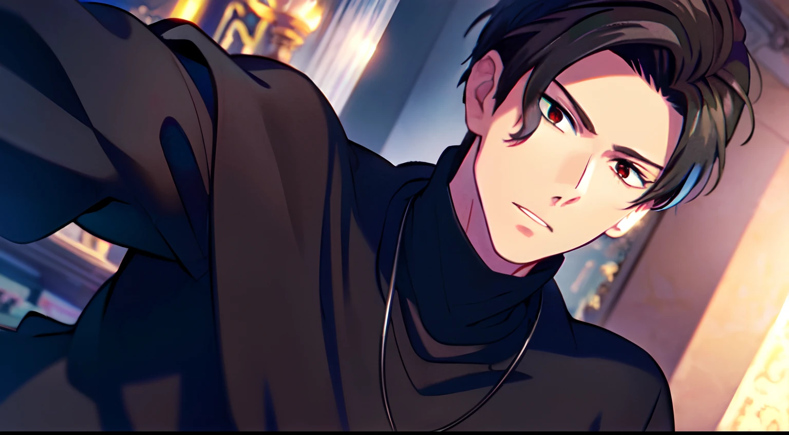 masterpiece, (1Boy), luci, red eyes, black hair, pregnant, black turtleneck