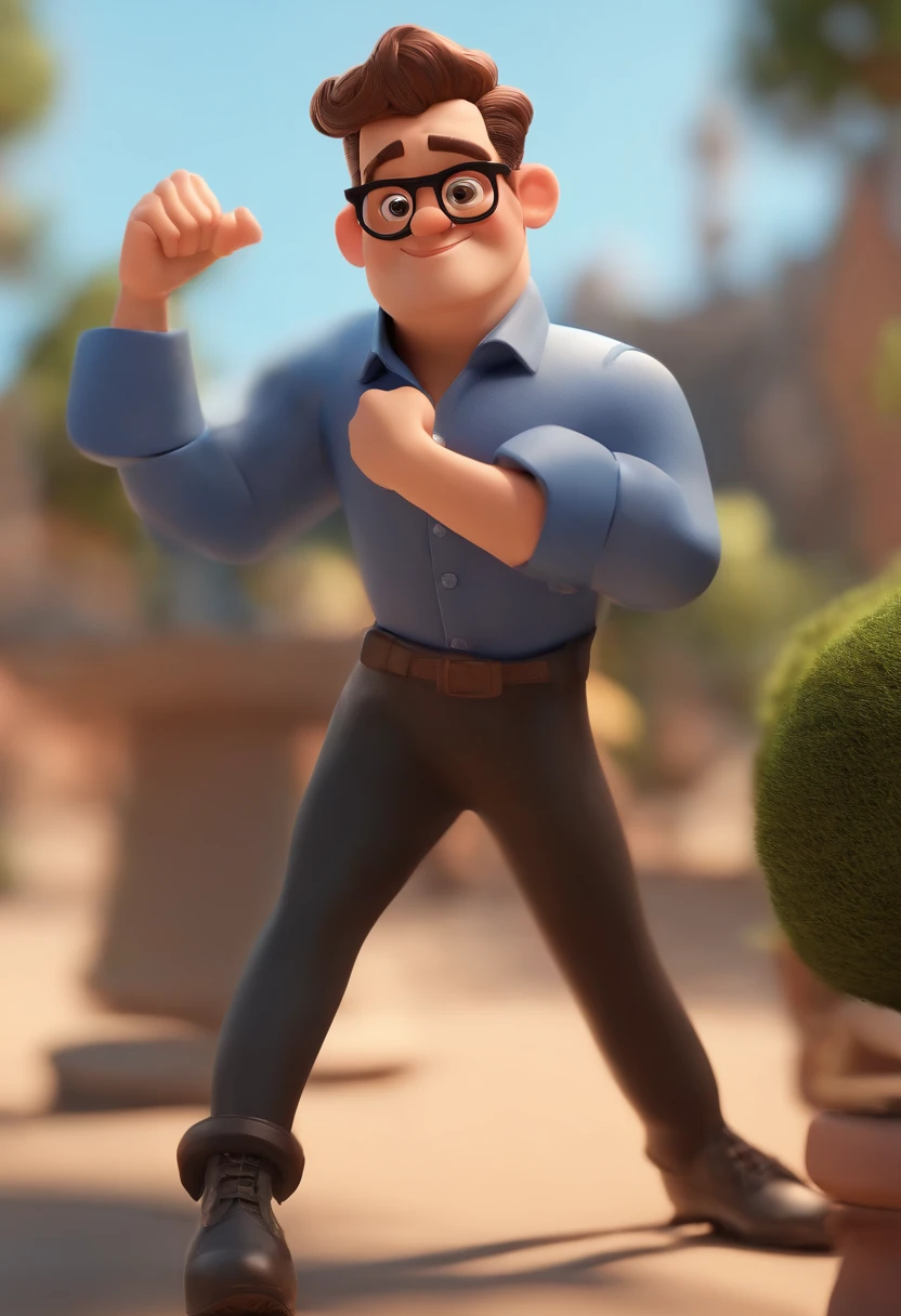 Cartoon character of a man wearing black glasses and a blue shirt, um personagem animado, Caractere estilizado, animation style rendering, 3D estilizado, Arnold Maya render, 3 d render stylized, toon render keyshot, Personagem 3D, Personagem 3D, 3d rendering stylized, 3 d character render, personagem de desenho animado, Personagem de close up, Pose de personagem, (Estilo Pixar) (master part:1.2) (Bokeh) (best quality) (pele detalhada) (textura detalhada) (8k) (argila) (Cinematic lighting) (foco nítido，Senta e vaza a parte superior do corpo