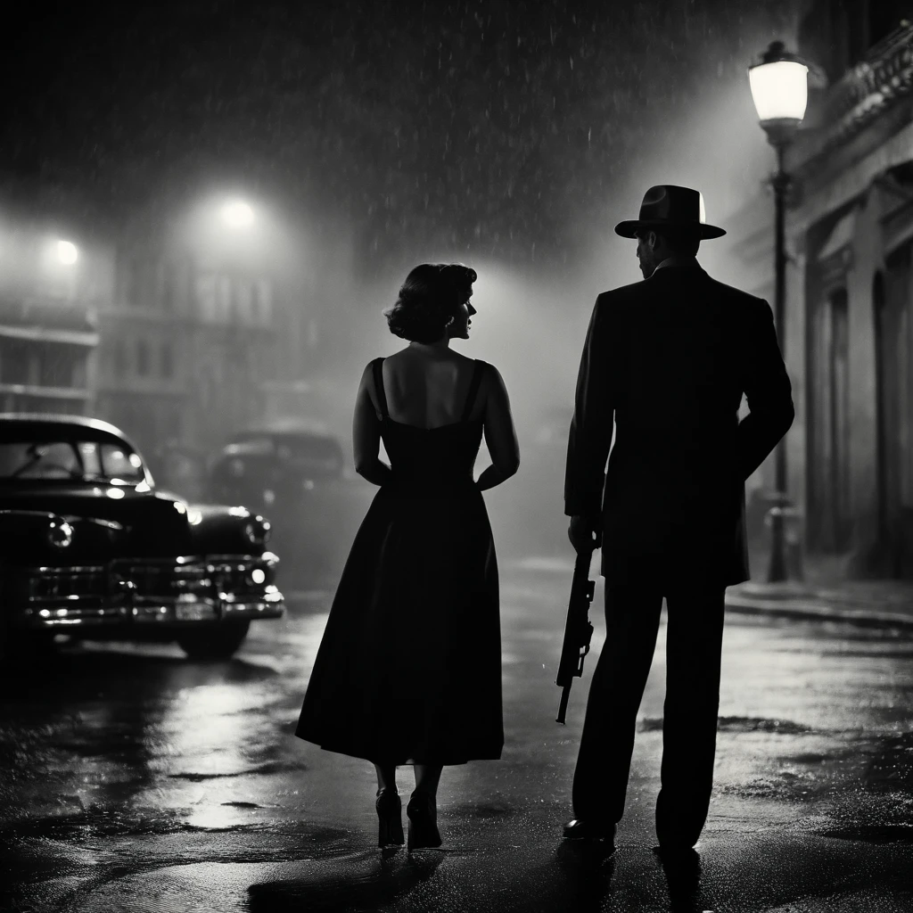 calle de noche, (Film Noir style), (acabado realista),A man stands in the middle of the street and holds a gun, it's raining, a women named mery kelly is talking to man