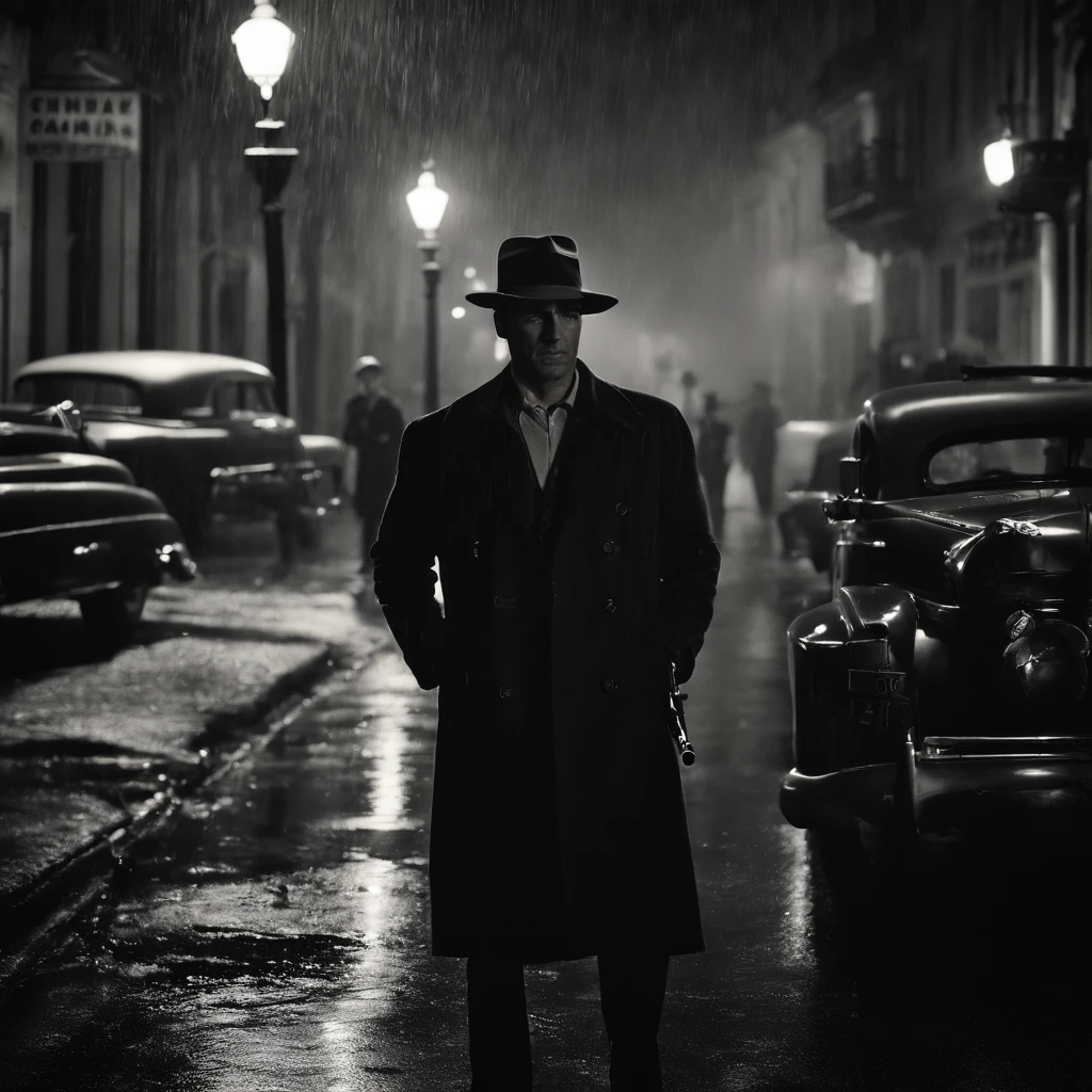 calle de noche, (Film Noir style), (acabado realista),A man stands in the middle of the street and holds a gun, it's raining, a women named mery kelly is talking to man
