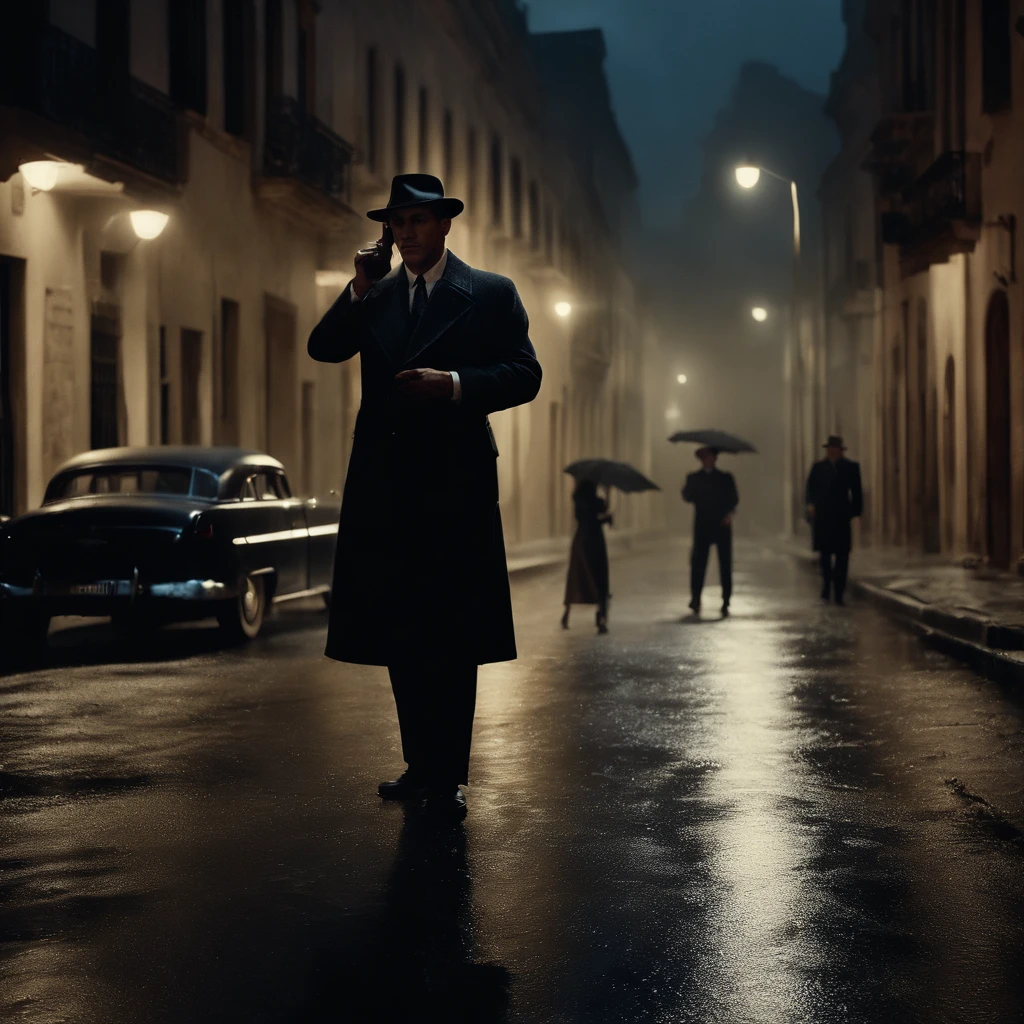 calle de noche, (Film Noir style), (acabado realista),A man stands in the middle of the street and holds a gun, it's raining, a women named mery kelly is talking to man