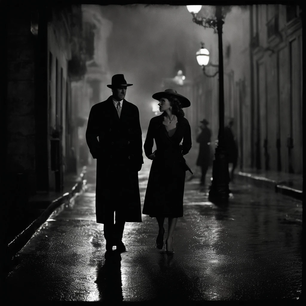 calle de noche, (Film Noir style), (acabado realista),A man stands in the middle of the street and holds a gun, it's raining, a women named mery kelly is talking to man