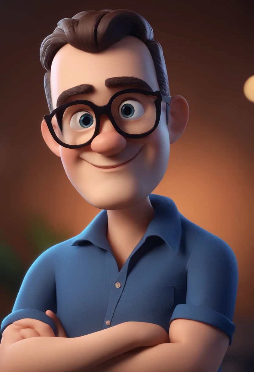 Cartoon character of a man with black glasses and a blue shirt, animation character, Caractere estilizado, animation style rendering, 3D estilizado, Arnold Maya render, 3 d render stylized, toon render keyshot, Personagem 3D, Personagem 3D, 3d rendering stylized, 3 d character render, personagem de desenho animado, Personagem de close up, Pose de personagem, (Estilo Pixar) (master part:1.2) (Bokeh) (best quality) (pele detalhada) (textura detalhada) (8k) (argila) (Cinematic lighting) (foco nítido