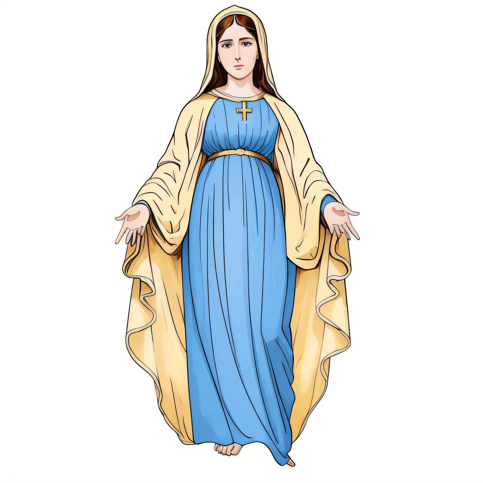 um desenho animado de uma mulher em um vestido azul e um manto amarelo, Virgem Maria, Retrato da Virgem Maria, queen of heaven, majestosa mulher de santo, mary in a sanctuary, Colorido digitalmente, color digital illustration, full-colour illustration, iconografia religiosa, catholic religious art, inspirado no Mestre da Lenda de Santa Luzia, roman catholic icon, catholic icon, santa mulher